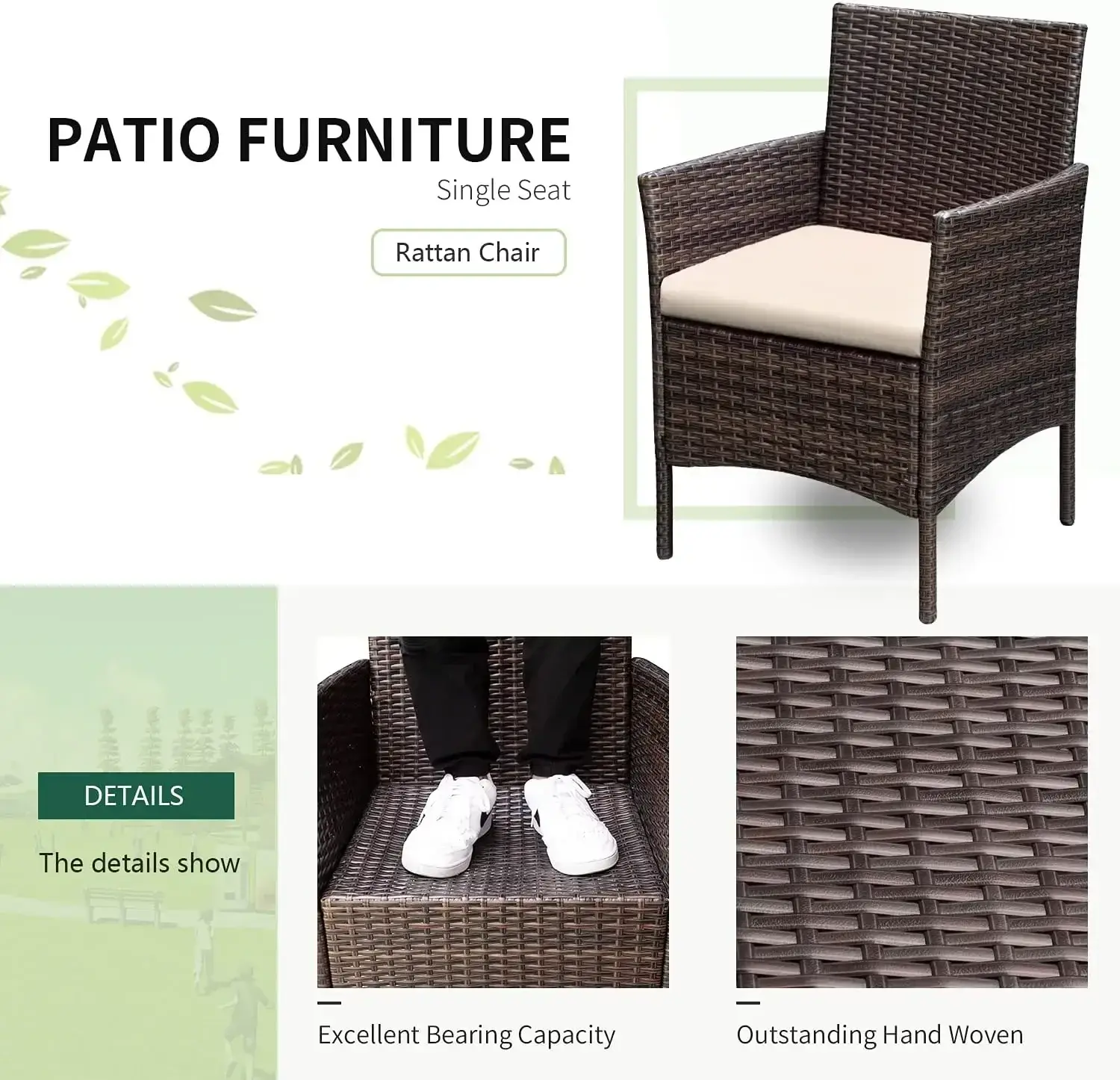 3 Pieces Patio Furniture Sets Outdoor PE Rattan Wicker Chairs with Soft Cushion and Glass Coffee Table for Garden Backyard