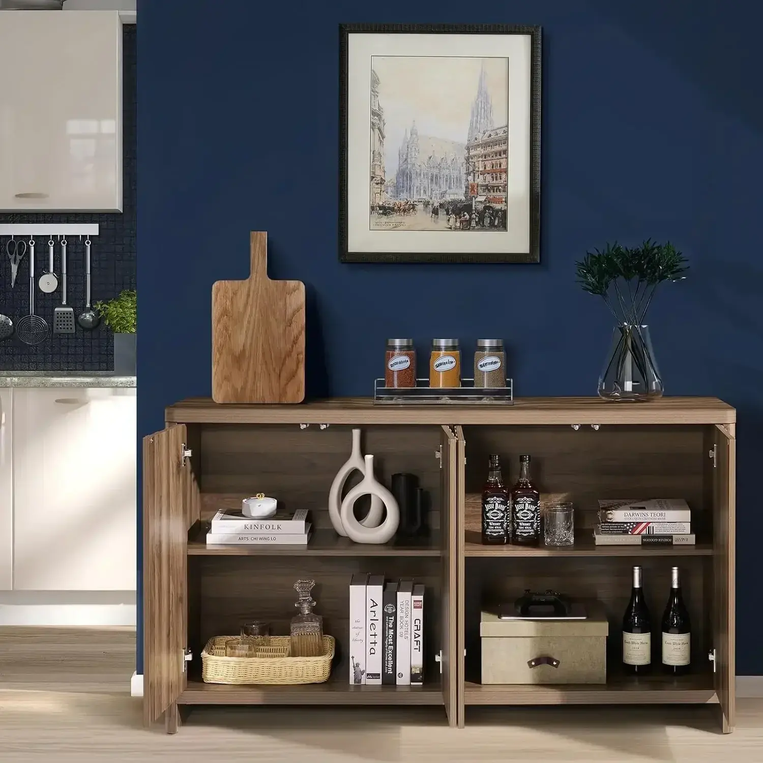 Cornwall Wave Pattern Storage Cabinet,Kitchen Cabinet Buffet Cabinet with Storage,Accent Cabinets with Doors & Adjustable Shelve