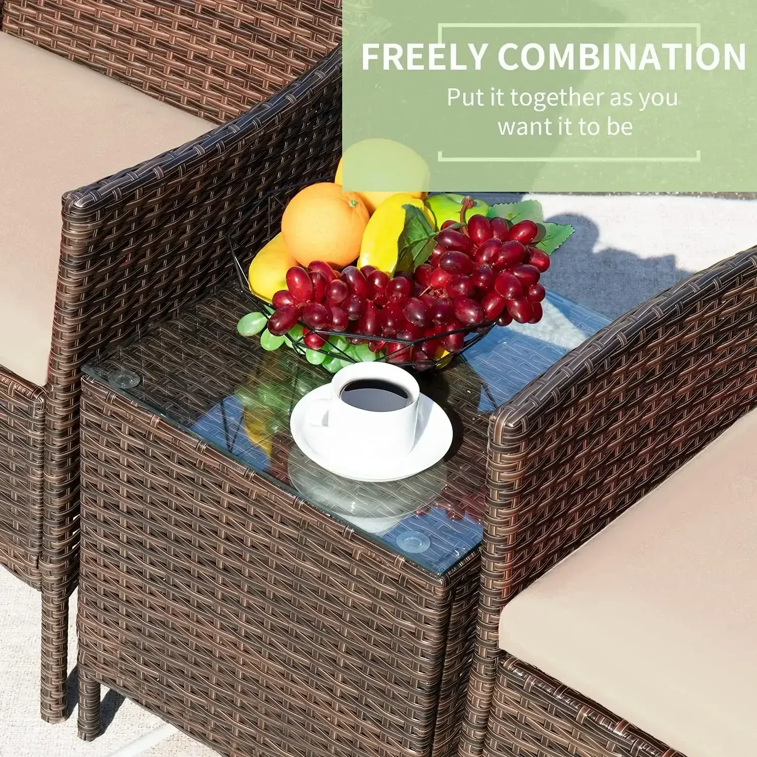 3 Pieces Patio Furniture Sets Outdoor PE Rattan Wicker Chairs with Soft Cushion and Glass Coffee Table for Garden Backyard