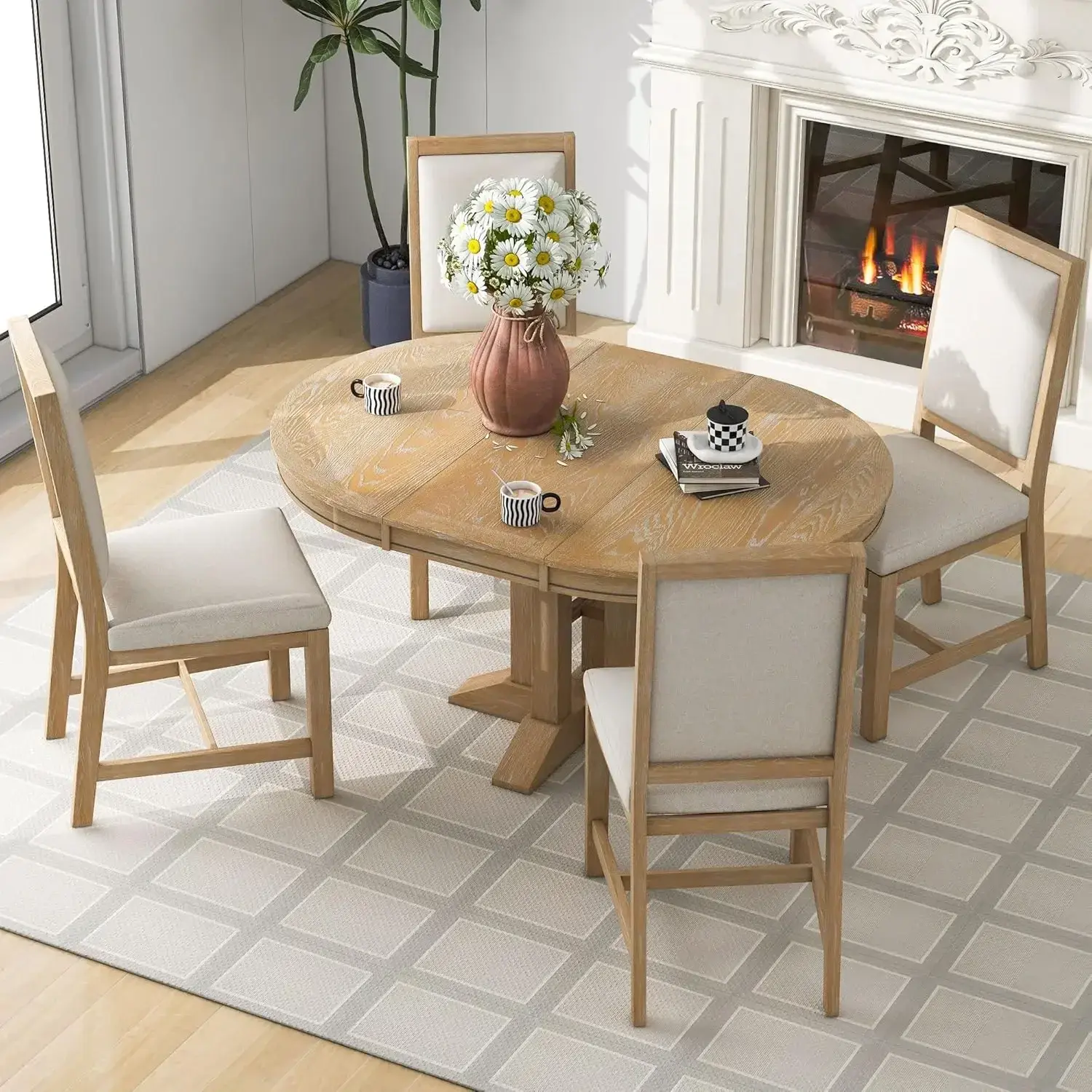 5-Piece Farmhouse Round Dining Table Set with Extendable Round Table and 4 Upholstered Chairs, Compact Table Set for Kitchen