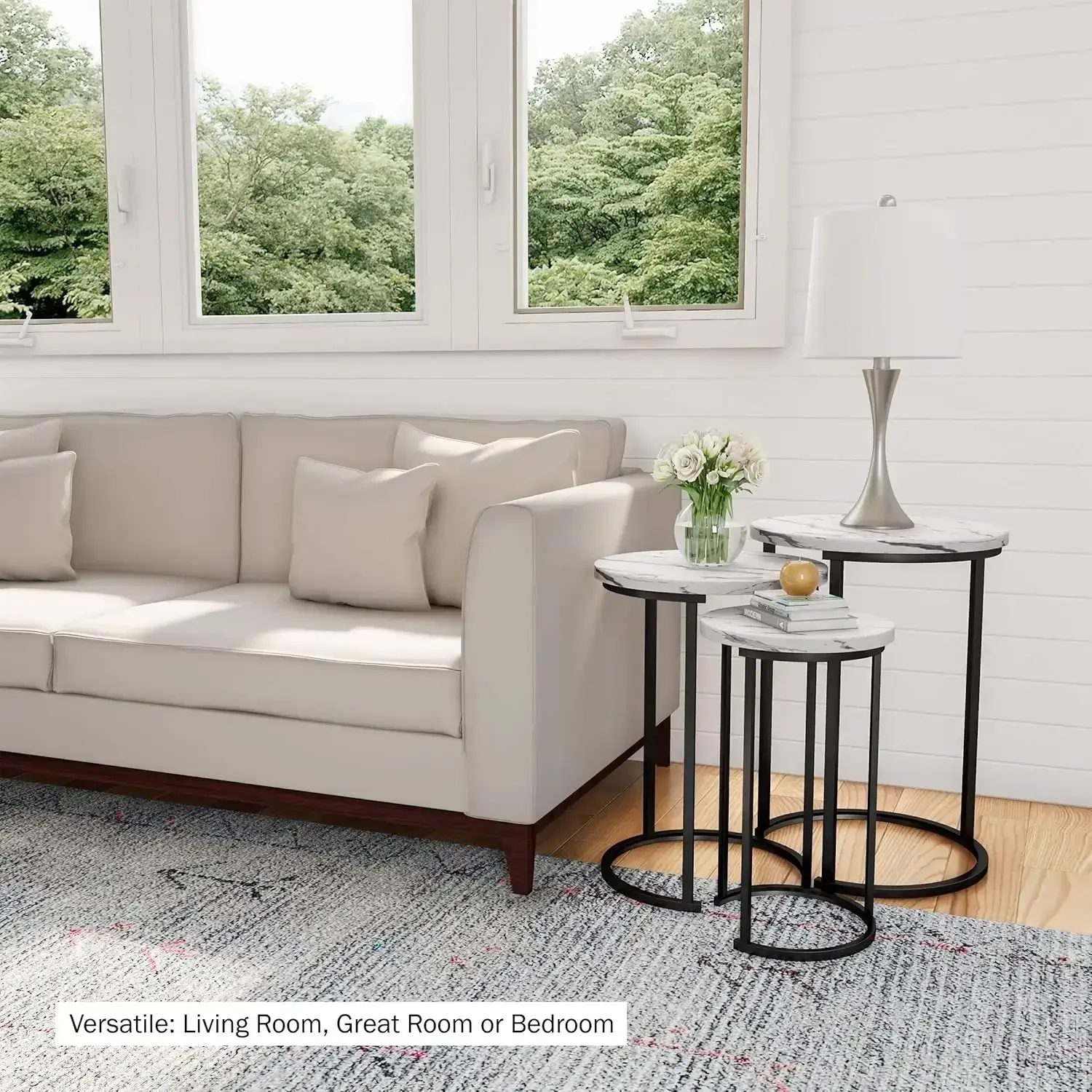 Set of 3 Round Living Room End Tables – Modern Faux Marble Top and Black Metal Base Nesting Tables or Nightstands (White)