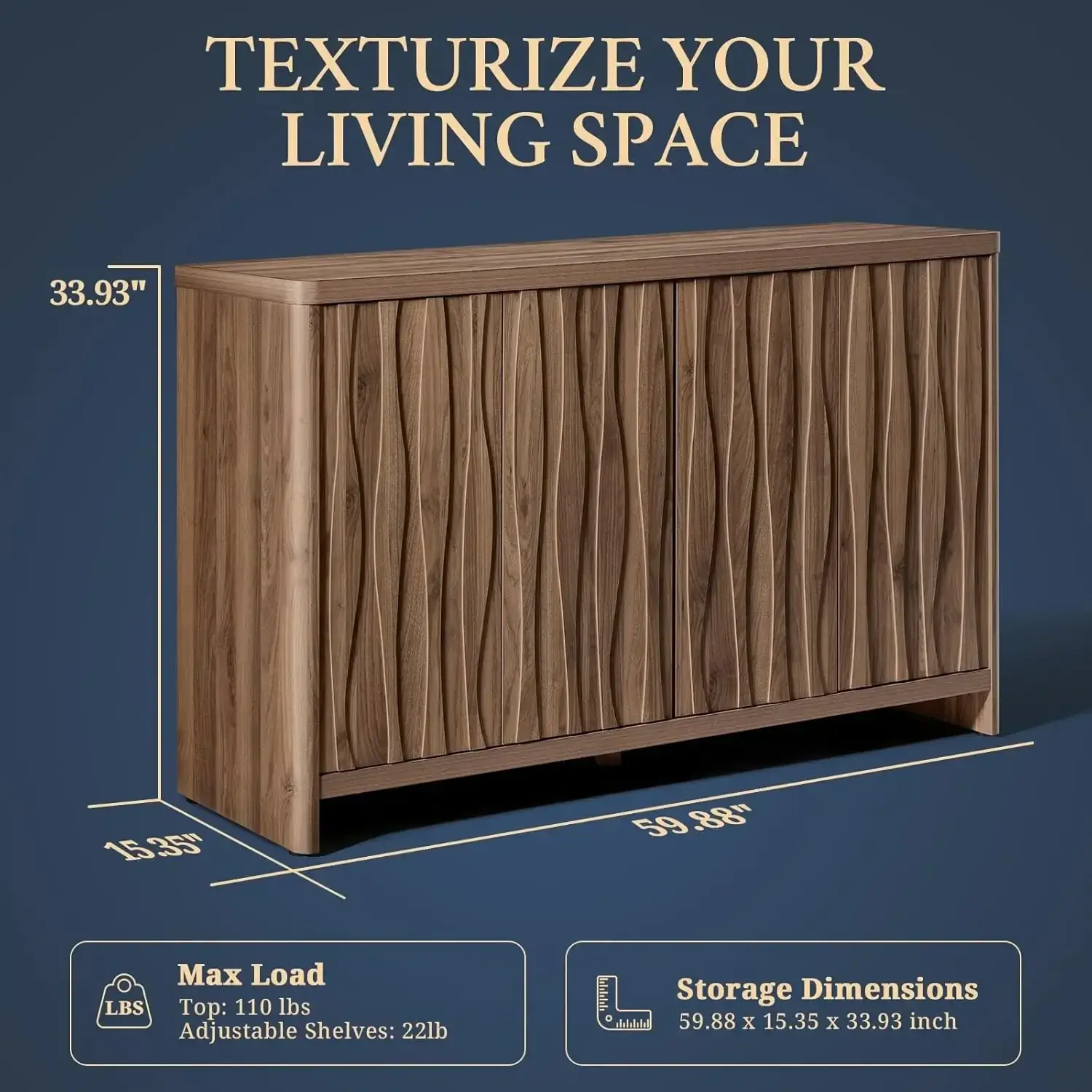 Cornwall Wave Pattern Storage Cabinet,Kitchen Cabinet Buffet Cabinet with Storage,Accent Cabinets with Doors & Adjustable Shelve