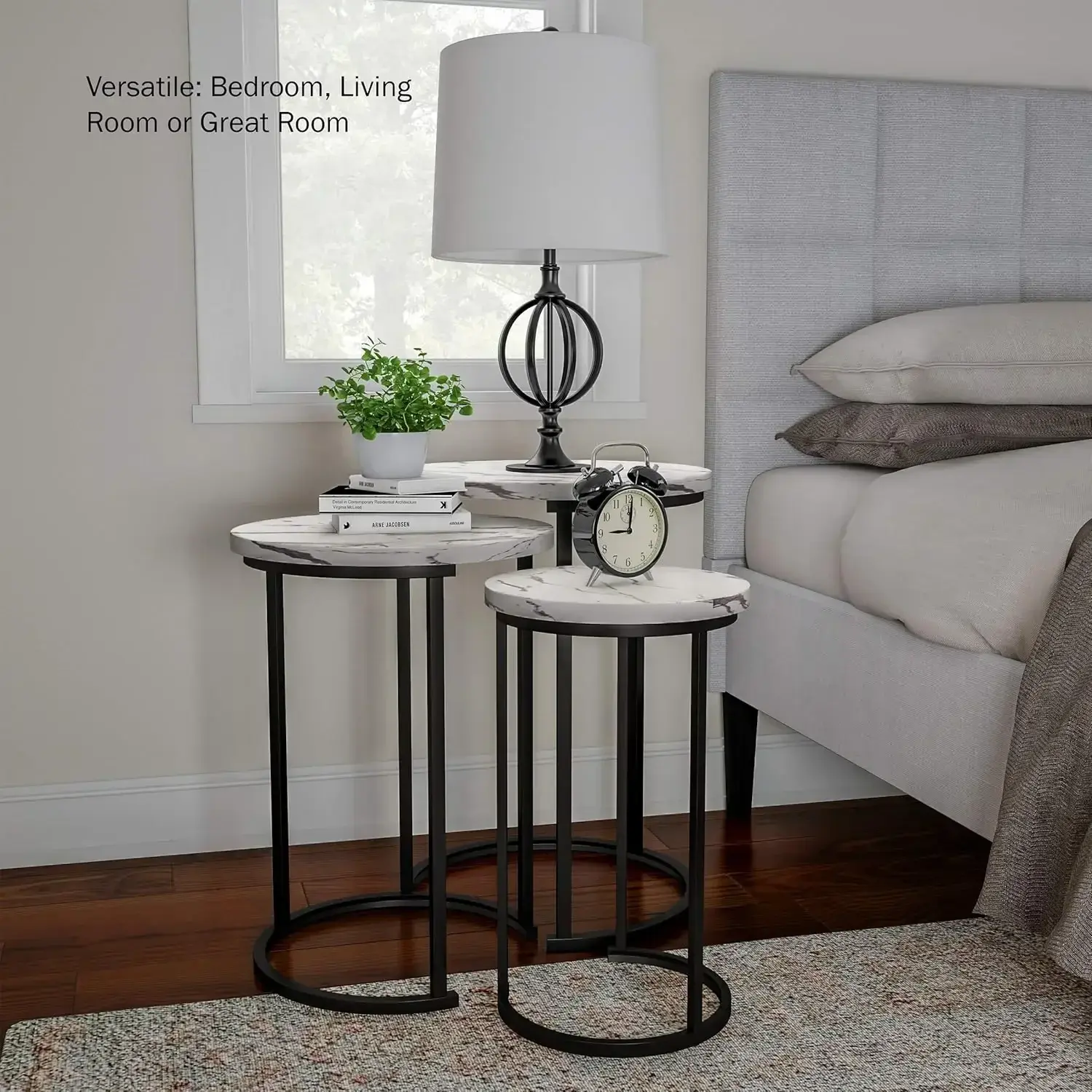 Set of 3 Round Living Room End Tables – Modern Faux Marble Top and Black Metal Base Nesting Tables or Nightstands (White)