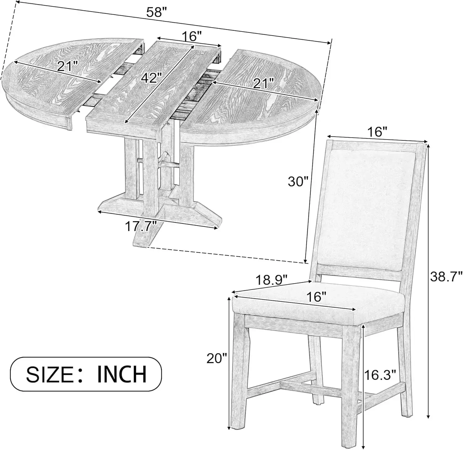 5-Piece Farmhouse Round Dining Table Set with Extendable Round Table and 4 Upholstered Chairs, Compact Table Set for Kitchen