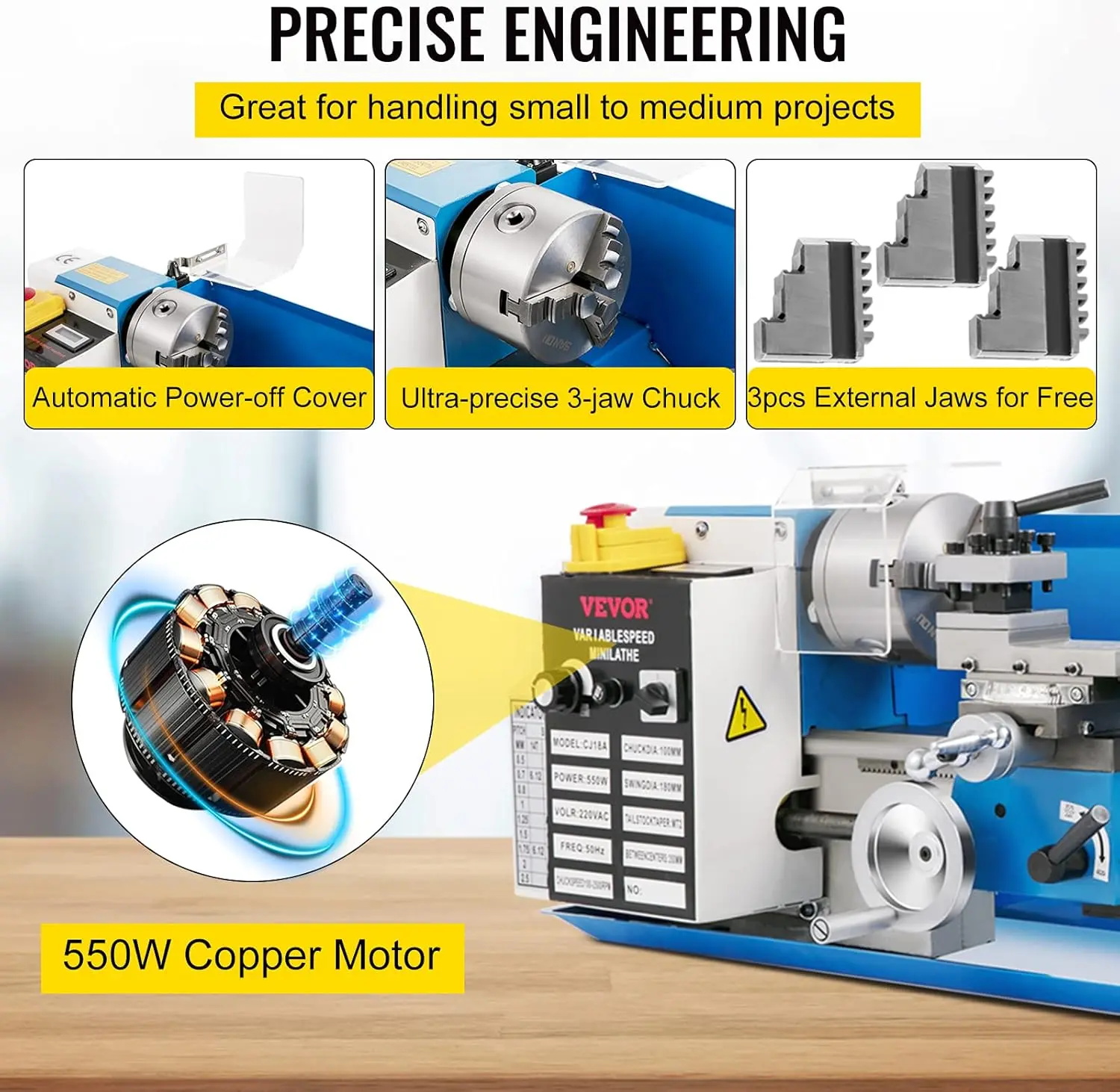 Mini Metal Lathe, 7"x14" Benchtop Metal Lathe, 550W Variable Speed 2250RPM Metal Lathe, with 3-Jaw Chuck CNC Mini Lathe Machine
