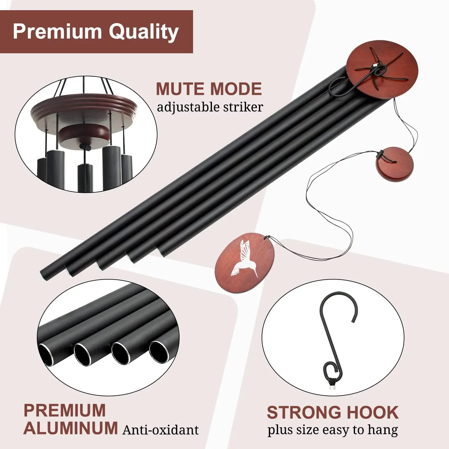 60" Wind Chimes Outdoor, WindChimes Large Wind Chimes for Outside Deep Tone with 5 Tuned Tubes and S Hook