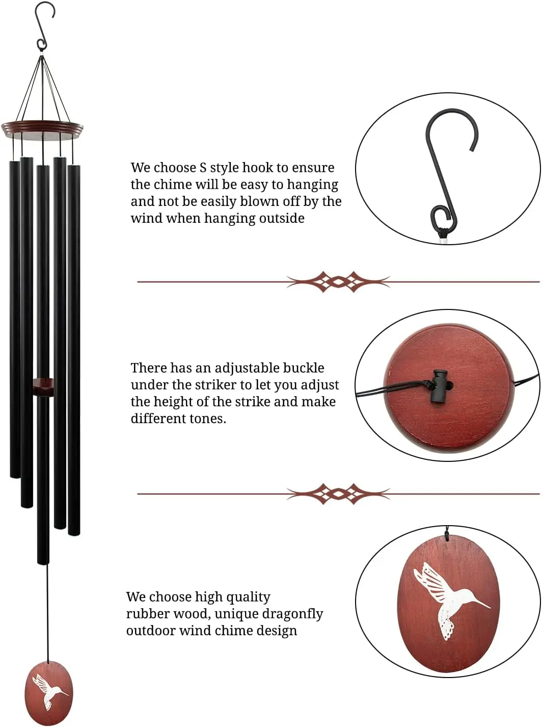 60" Wind Chimes Outdoor, WindChimes Large Wind Chimes for Outside Deep Tone with 5 Tuned Tubes and S Hook
