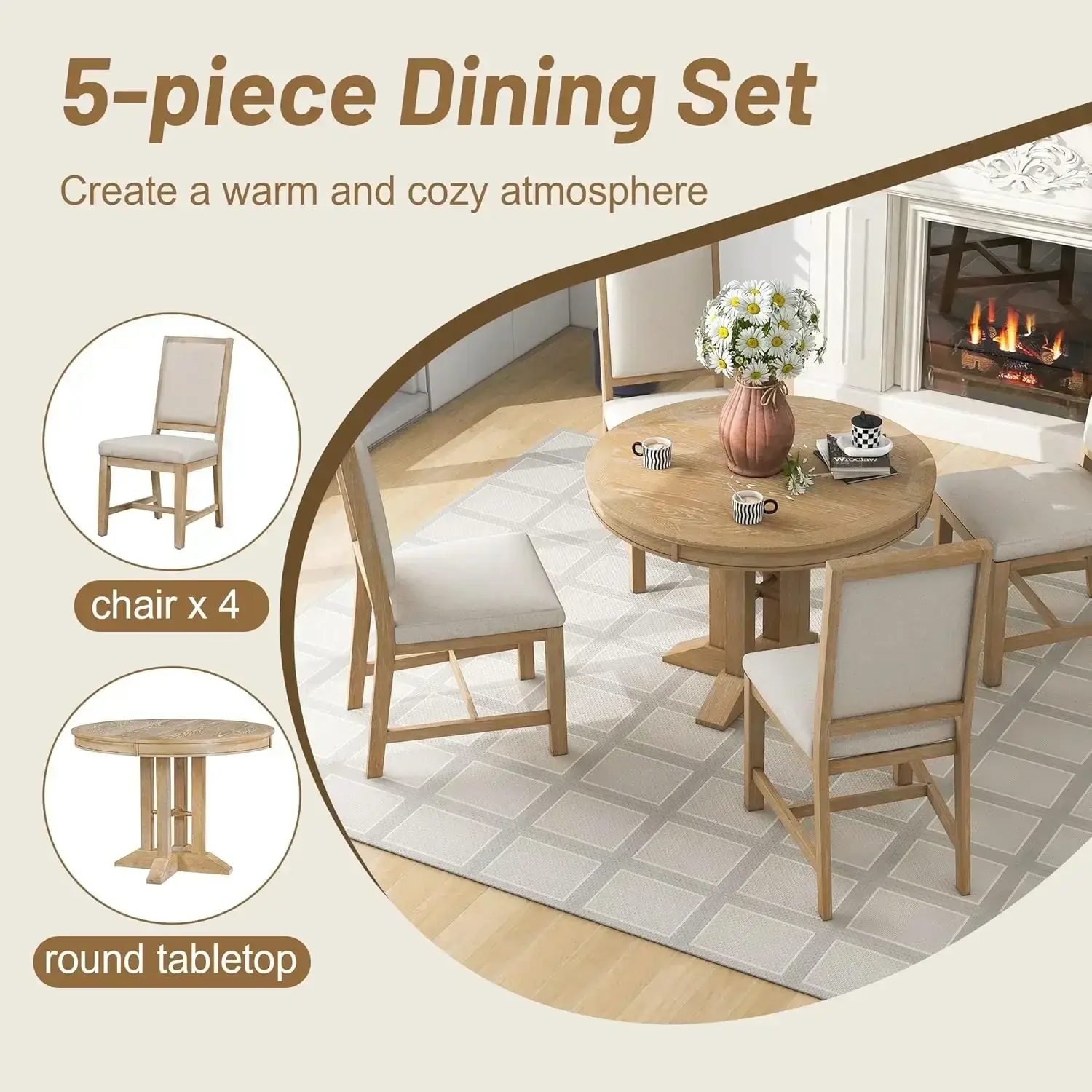 5-Piece Farmhouse Round Dining Table Set with Extendable Round Table and 4 Upholstered Chairs, Compact Table Set for Kitchen