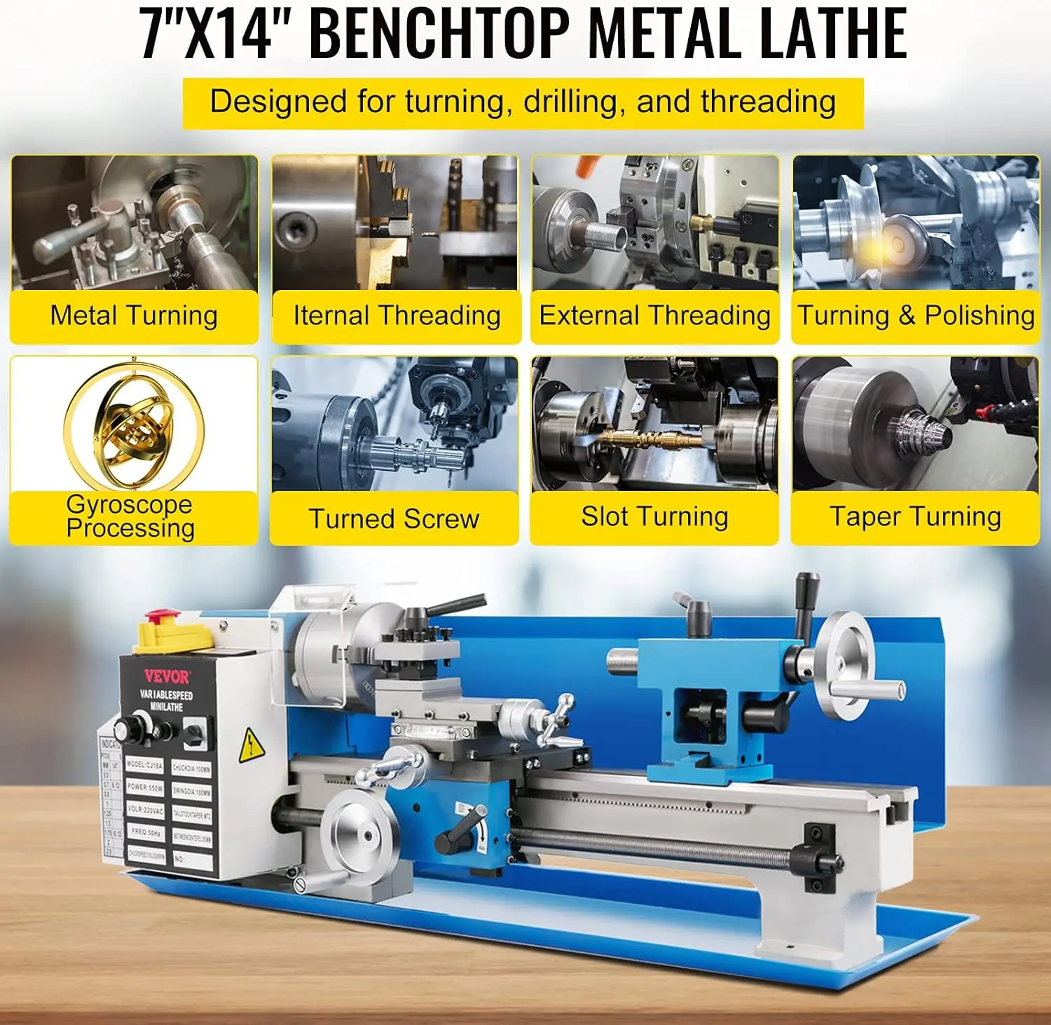 Mini Metal Lathe, 7"x14" Benchtop Metal Lathe, 550W Variable Speed 2250RPM Metal Lathe, with 3-Jaw Chuck CNC Mini Lathe Machine
