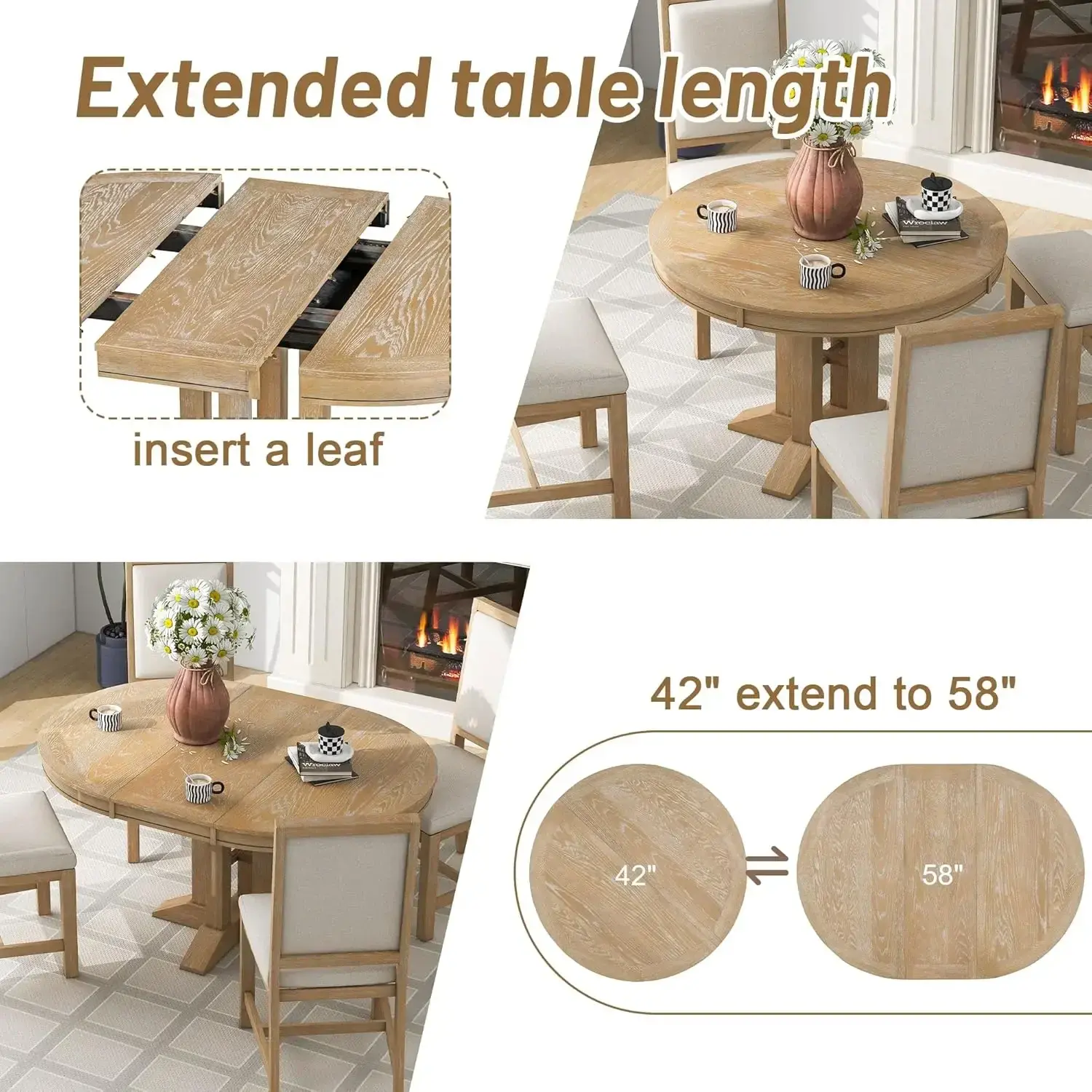5-Piece Farmhouse Round Dining Table Set with Extendable Round Table and 4 Upholstered Chairs, Compact Table Set for Kitchen
