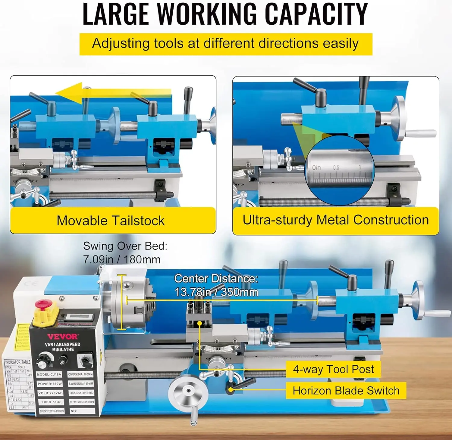Mini Metal Lathe, 7"x14" Benchtop Metal Lathe, 550W Variable Speed 2250RPM Metal Lathe, with 3-Jaw Chuck CNC Mini Lathe Machine