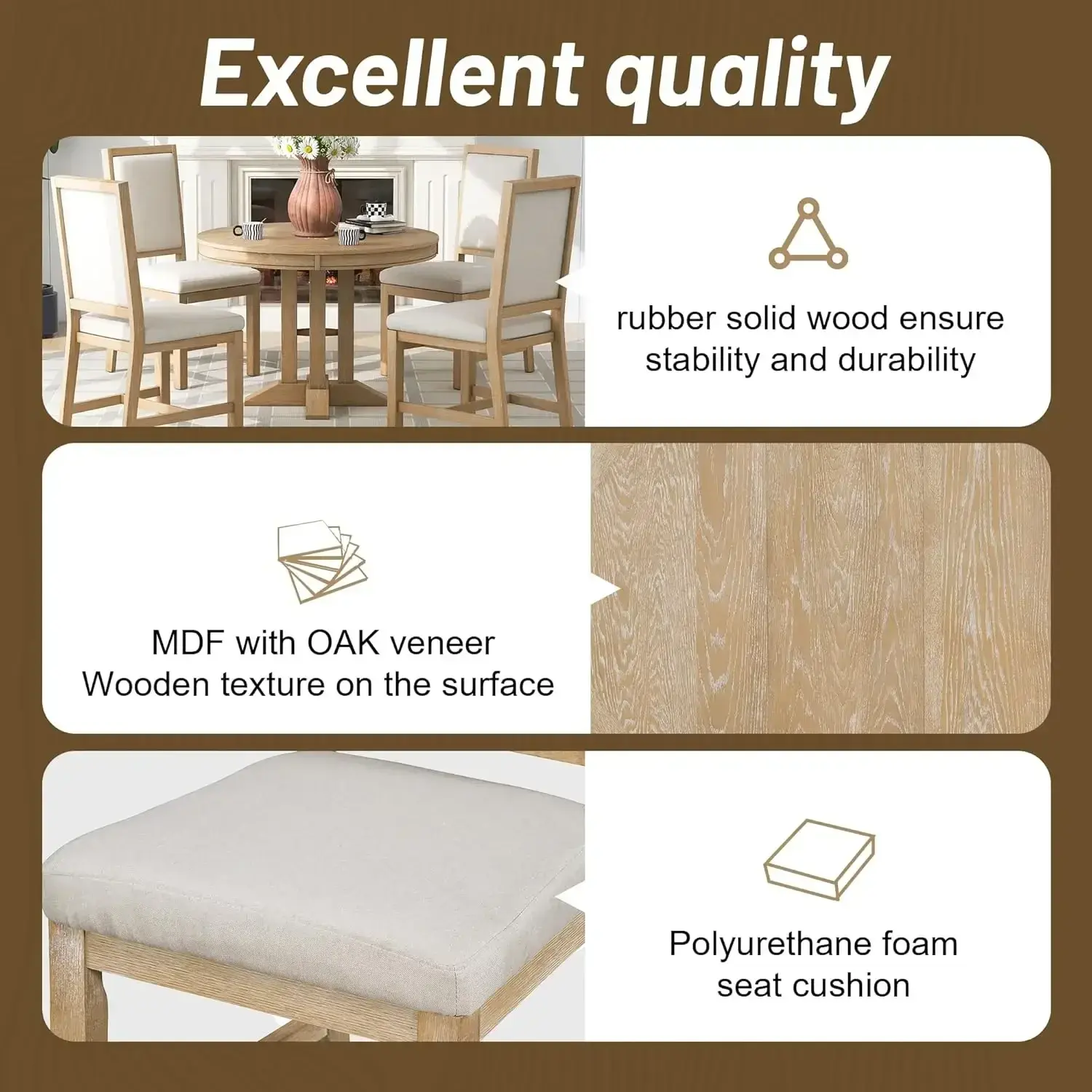 5-Piece Farmhouse Round Dining Table Set with Extendable Round Table and 4 Upholstered Chairs, Compact Table Set for Kitchen