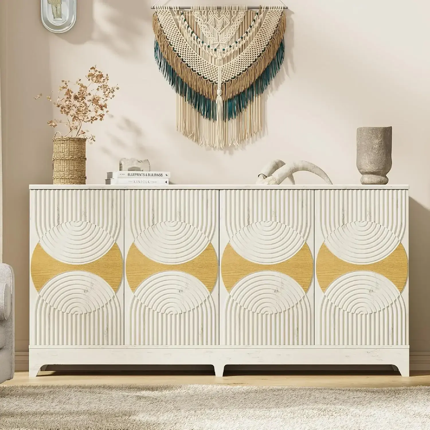 Sideboard Buffet Cabinet with Storage, 70'' Large Modern Fluted Sideboards, Boho Accent Credenza Storage Cabinet