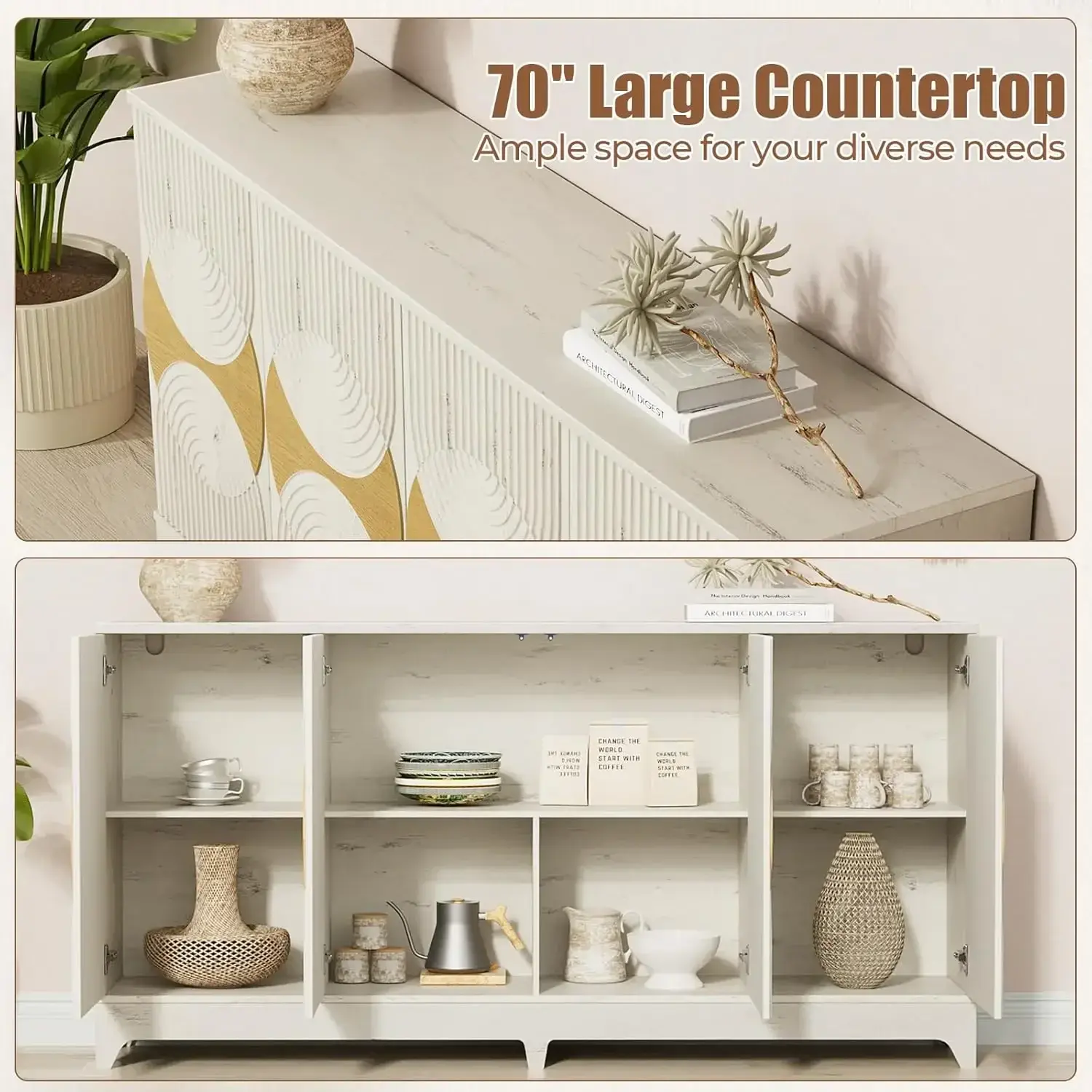 Sideboard Buffet Cabinet with Storage, 70'' Large Modern Fluted Sideboards, Boho Accent Credenza Storage Cabinet