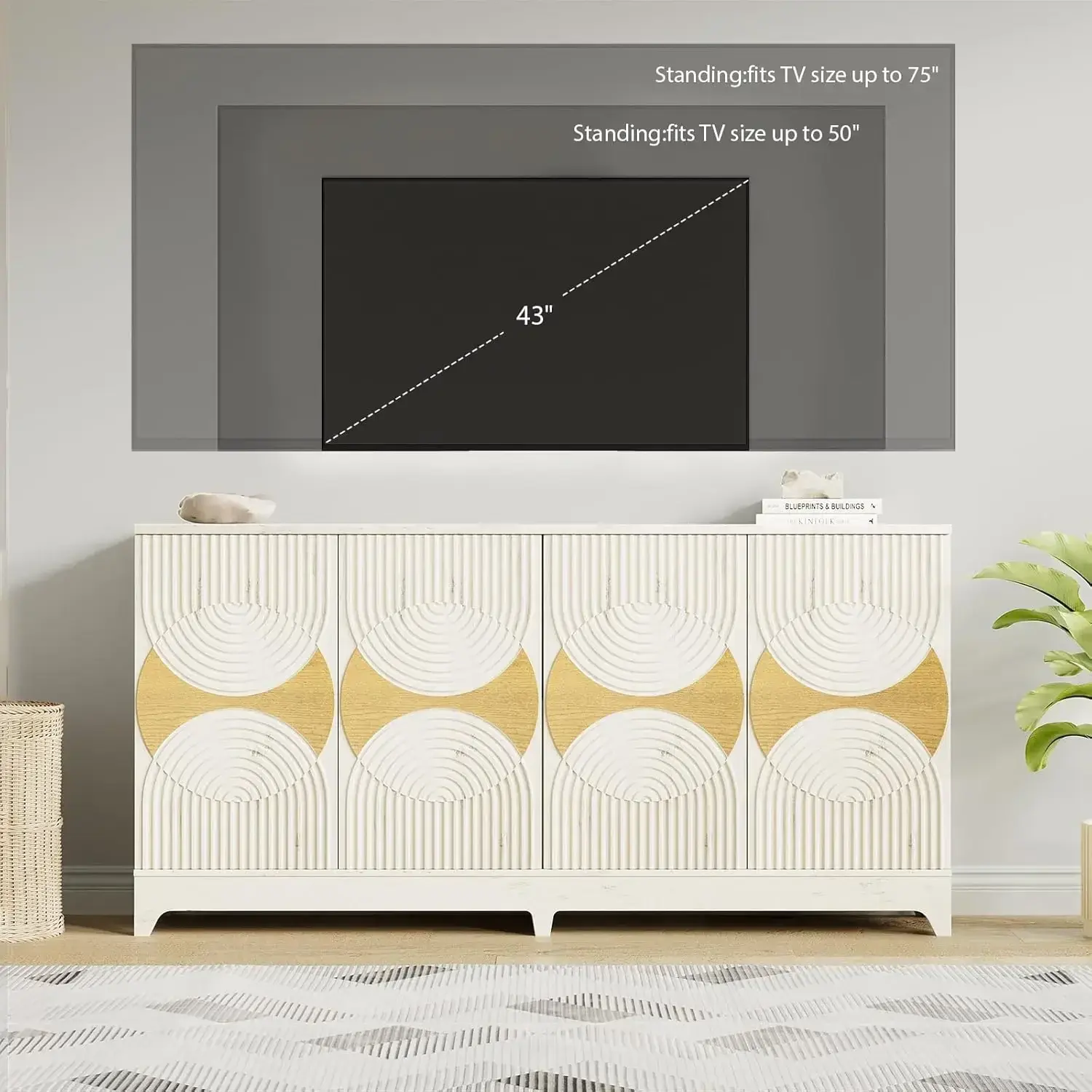 Sideboard Buffet Cabinet with Storage, 70'' Large Modern Fluted Sideboards, Boho Accent Credenza Storage Cabinet