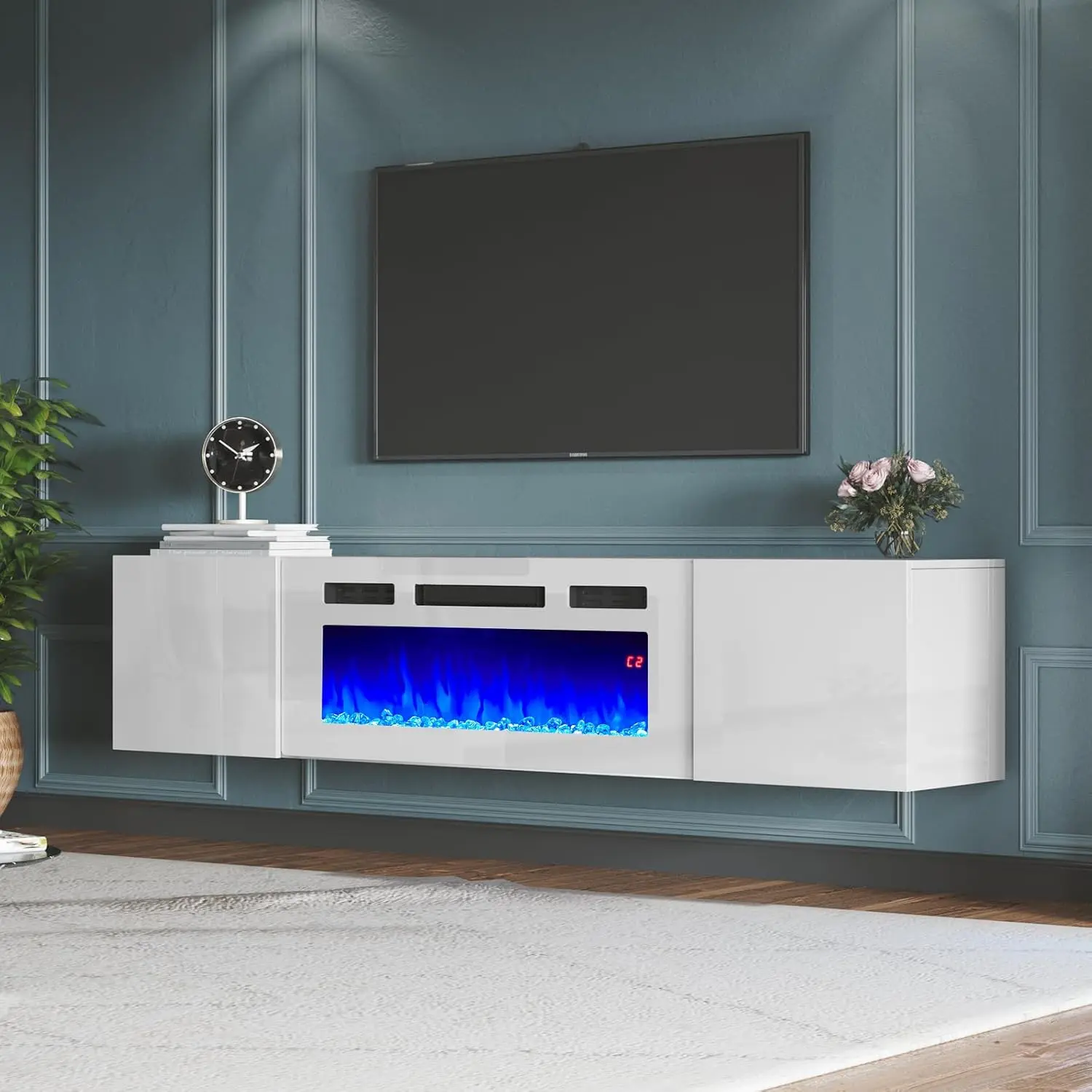 Floating TV Stand with 36" Electric Fireplace, High Gloss Finish Wall Mounted Fireplace Entertainment Center , All White