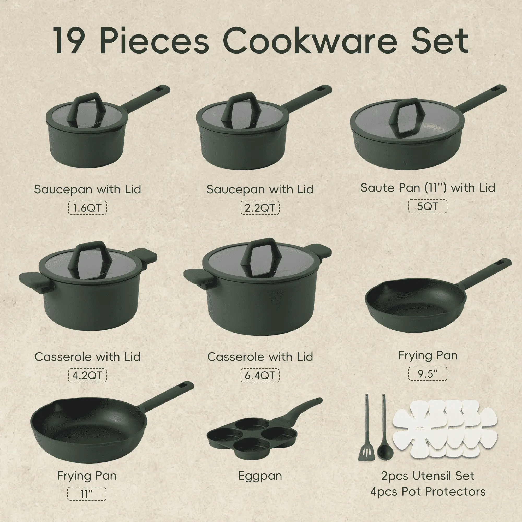 19 Pcs Nonstick Cookware Sets, Non Stick Pots and Pans Set, Induction Cookware, Dark Green
