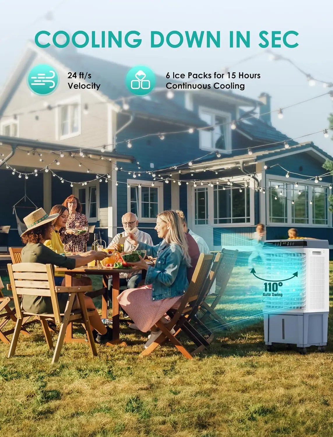 Swamp Cooler, 3 Speeds Air Cooler, 1800 CFM Evaporative, 6 Ice Box & 5.3 Gal Water Tank, Large Remote, 110° Auto Swing