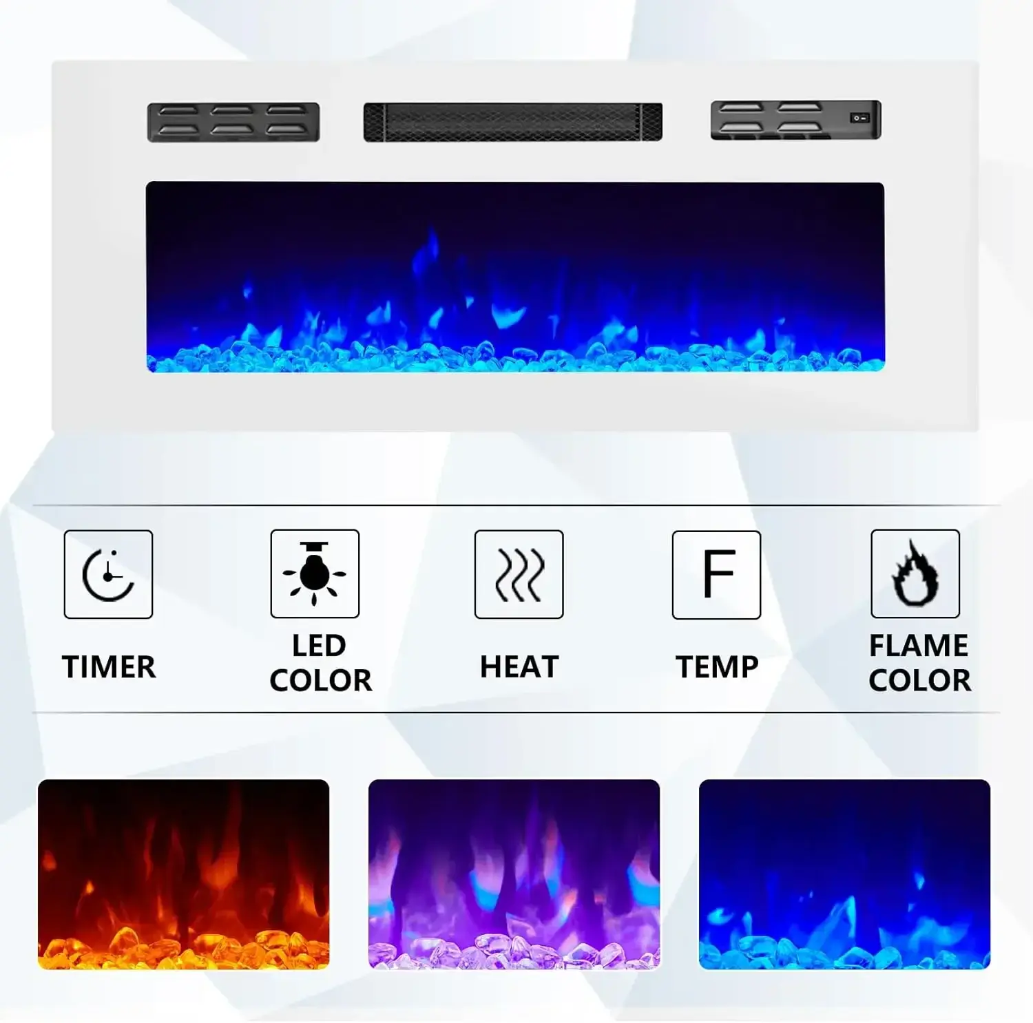 Floating TV Stand with 36" Electric Fireplace, High Gloss Finish Wall Mounted Fireplace Entertainment Center , All White