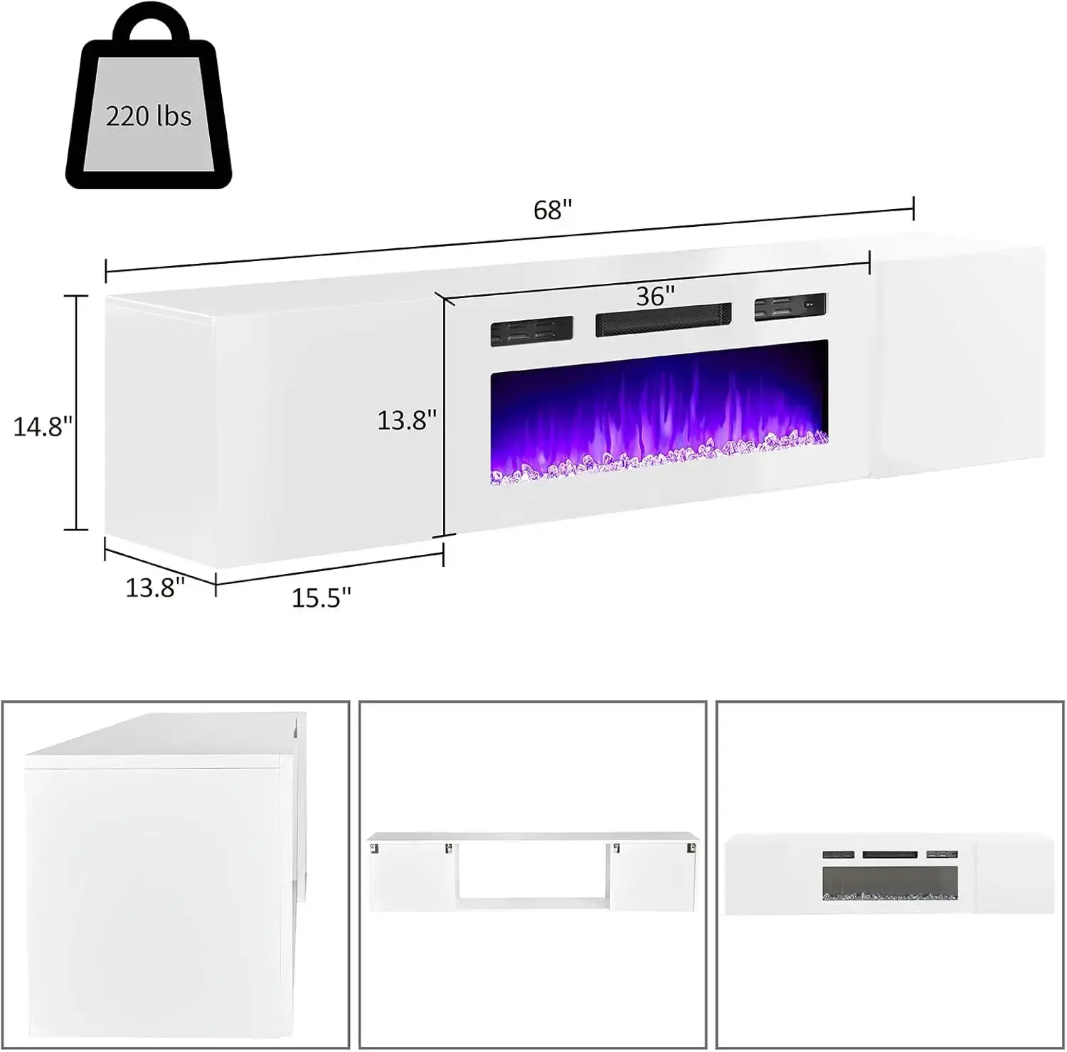 Floating TV Stand with 36" Electric Fireplace, High Gloss Finish Wall Mounted Fireplace Entertainment Center , All White