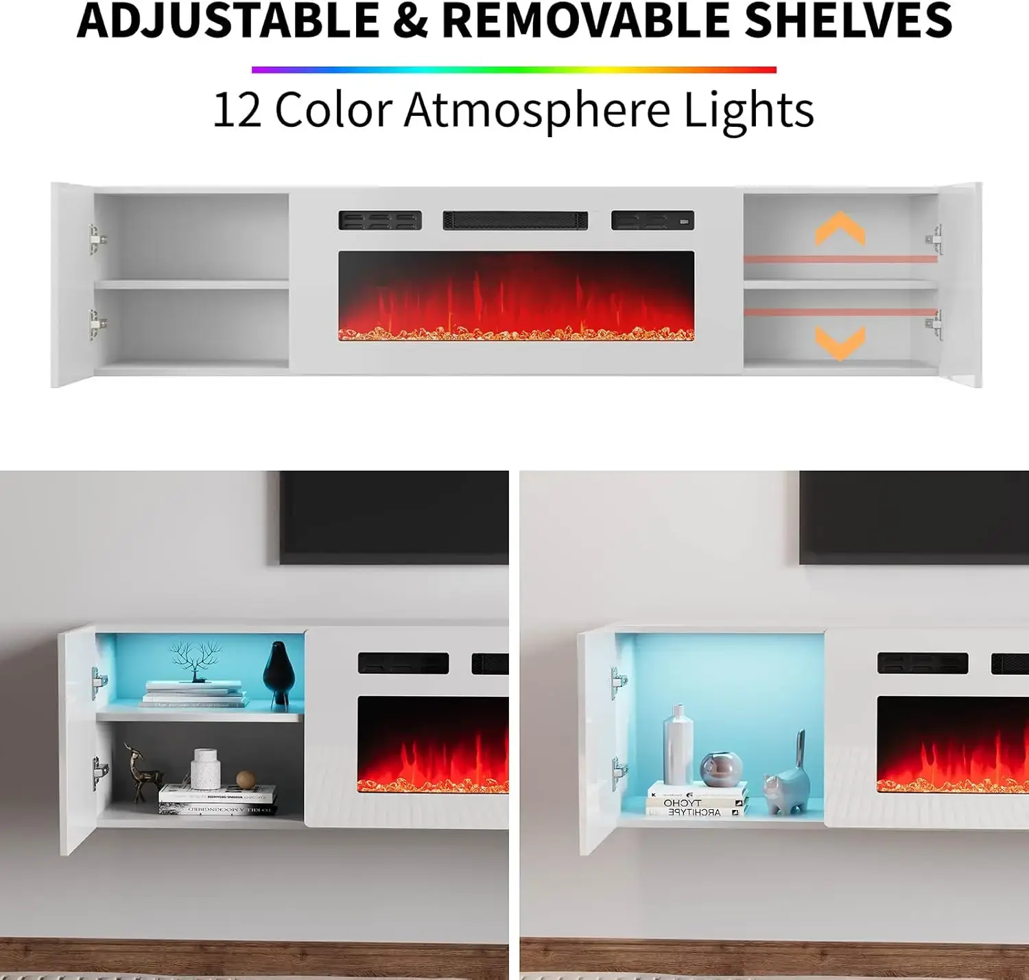 Floating TV Stand with 36" Electric Fireplace, High Gloss Finish Wall Mounted Fireplace Entertainment Center , All White