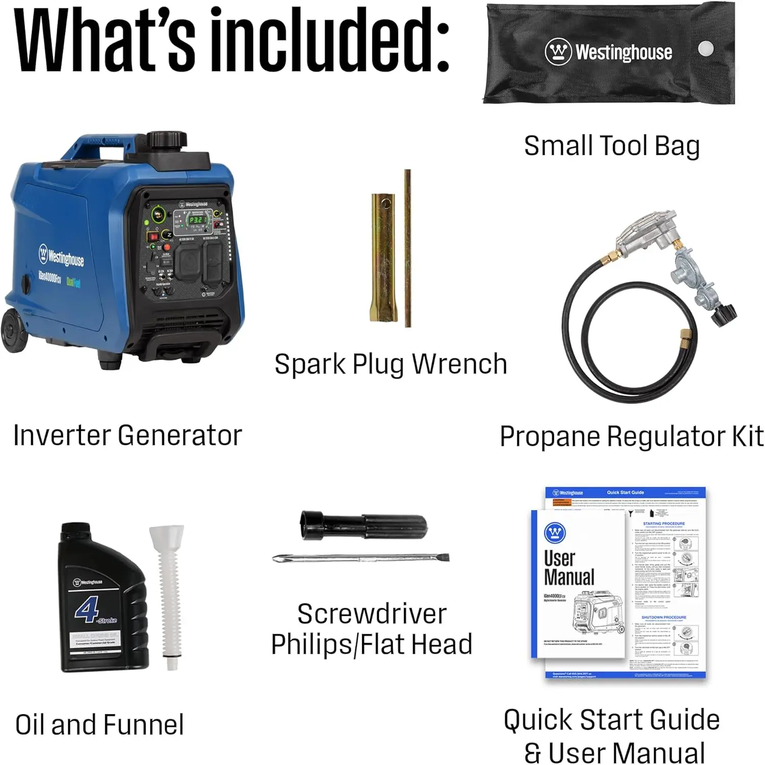 4000 Peak Watt Super Quiet Dual Fuel Portable Inverter Generator, Wheel & Handle Kit, Gas & Propane Powered, RV Ready, CO Sensor