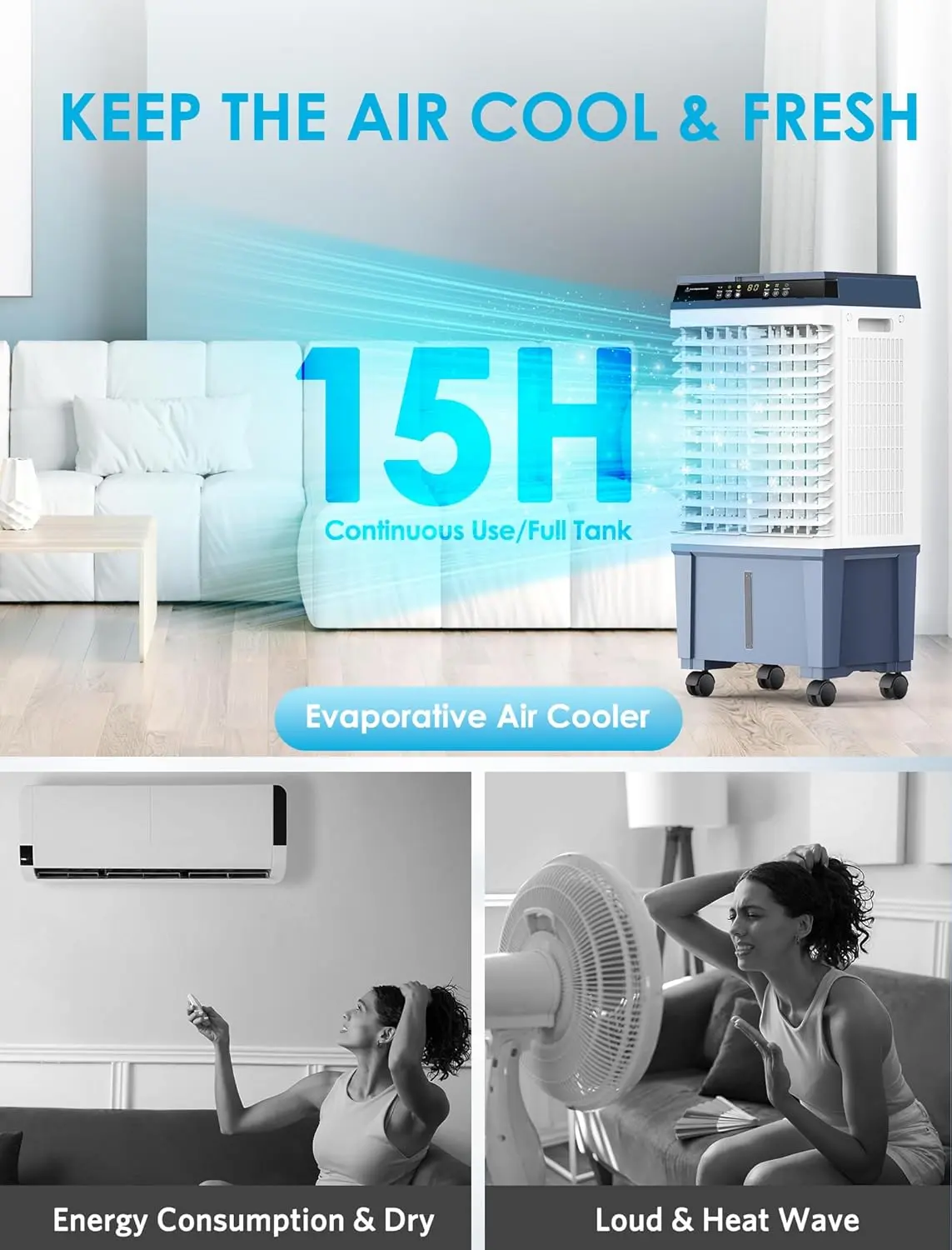 Swamp Cooler, 3 Speeds Air Cooler, 1800 CFM Evaporative, 6 Ice Box & 5.3 Gal Water Tank, Large Remote, 110° Auto Swing