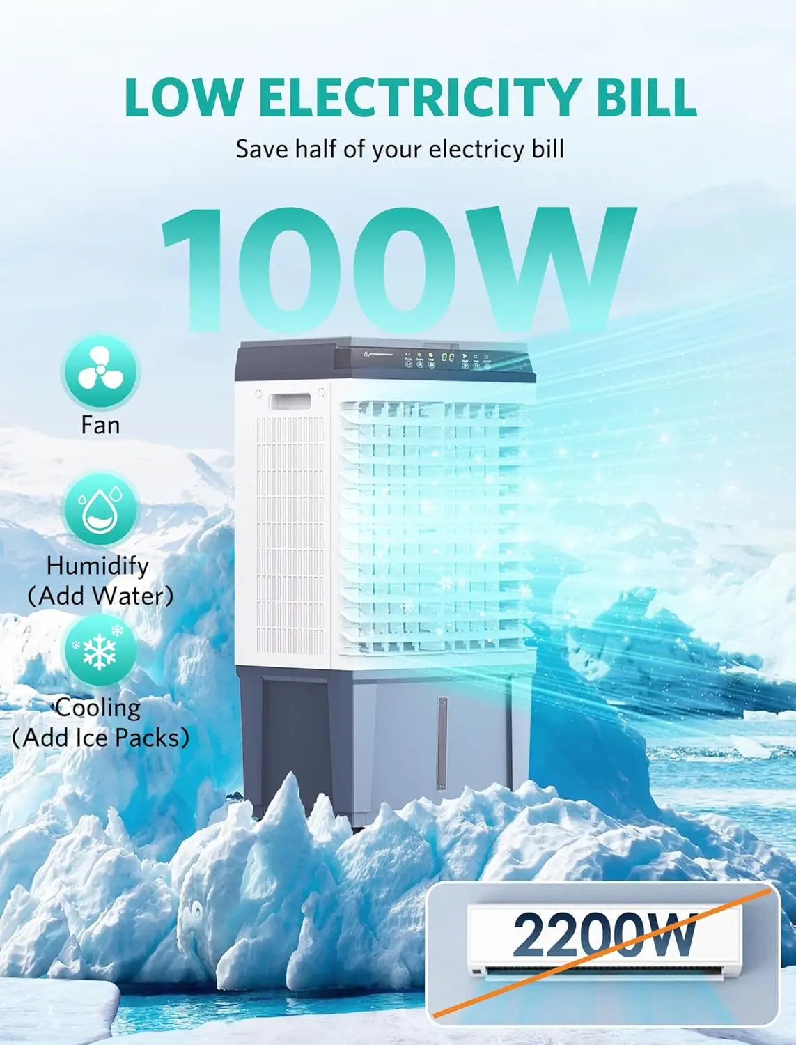 Swamp Cooler, 3 Speeds Air Cooler, 1800 CFM Evaporative, 6 Ice Box & 5.3 Gal Water Tank, Large Remote, 110° Auto Swing