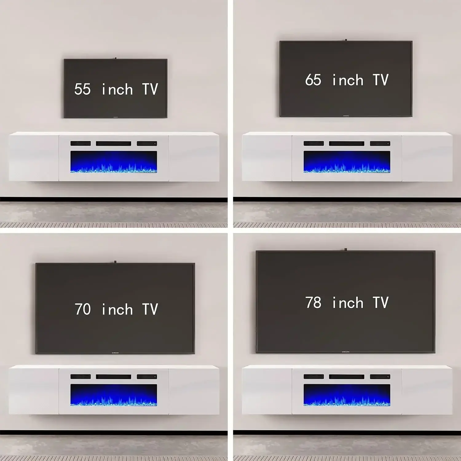 Floating TV Stand with 36" Electric Fireplace, High Gloss Finish Wall Mounted Fireplace Entertainment Center , All White