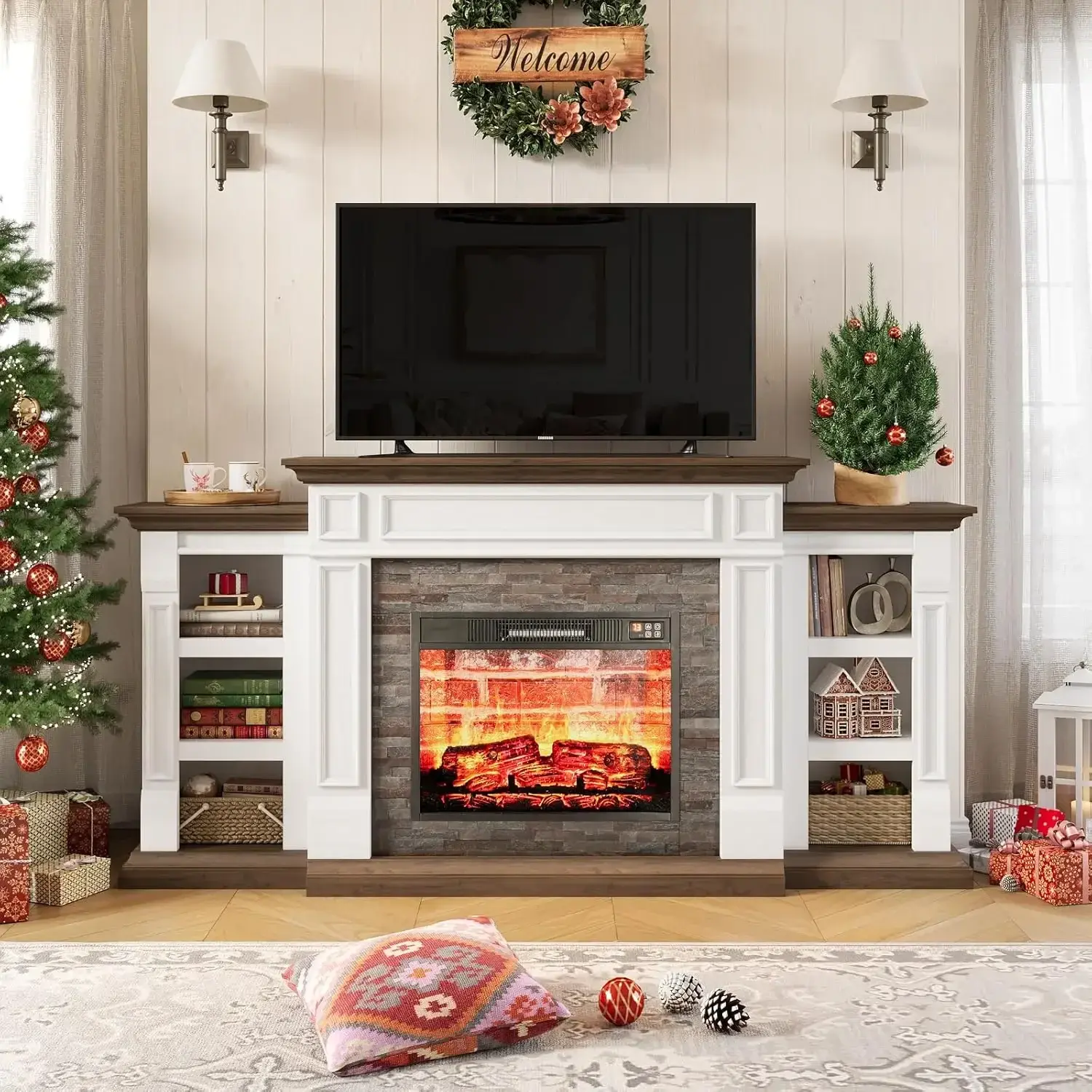 70" Electric Fireplace with Mantel, Fireplace TV Stand , Farmhouse Entertainment Center , Realistic Stacked Stone Surround