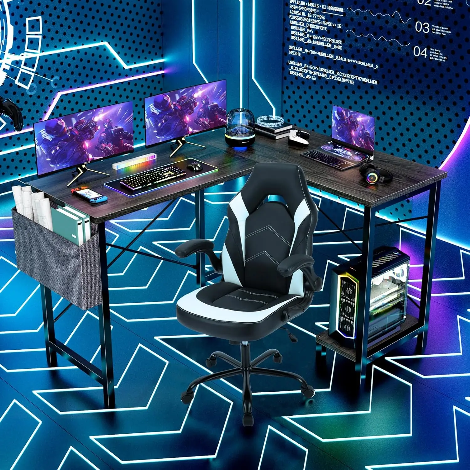 L Shaped Desk Gaming Computer 50 Inch Reversible Corner PC Work Table for Writing Study Student with Wood Tabletop Metal Frame