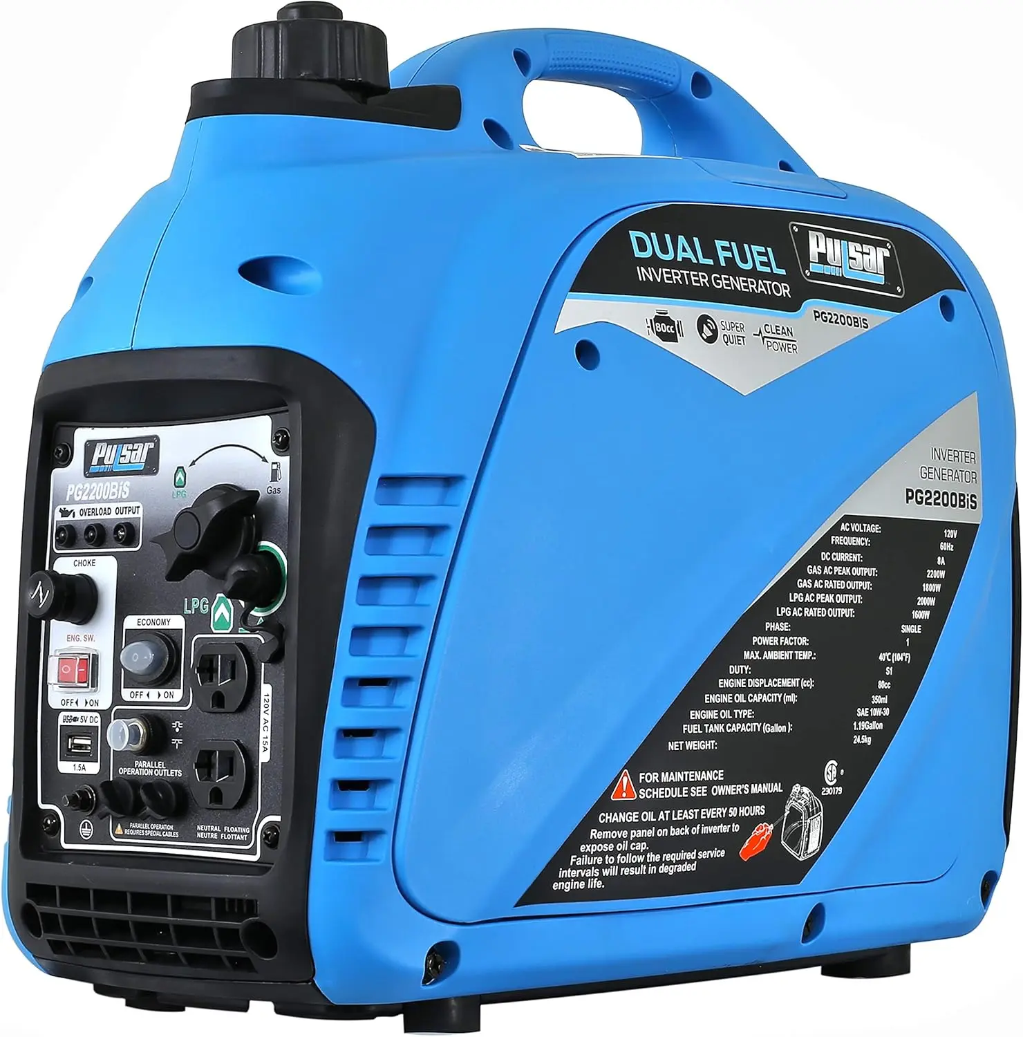 2,200W Portable Dual Fuel Quiet Inverter Generator with USB Outlet & Parallel Capability, CARB Compliant, PG2200BiS