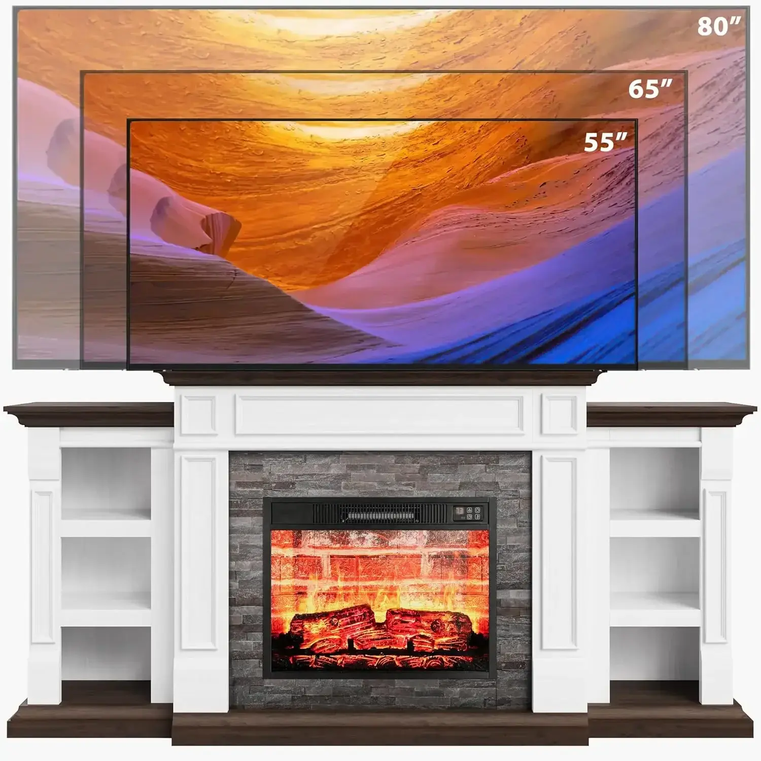 70" Electric Fireplace with Mantel, Fireplace TV Stand , Farmhouse Entertainment Center , Realistic Stacked Stone Surround