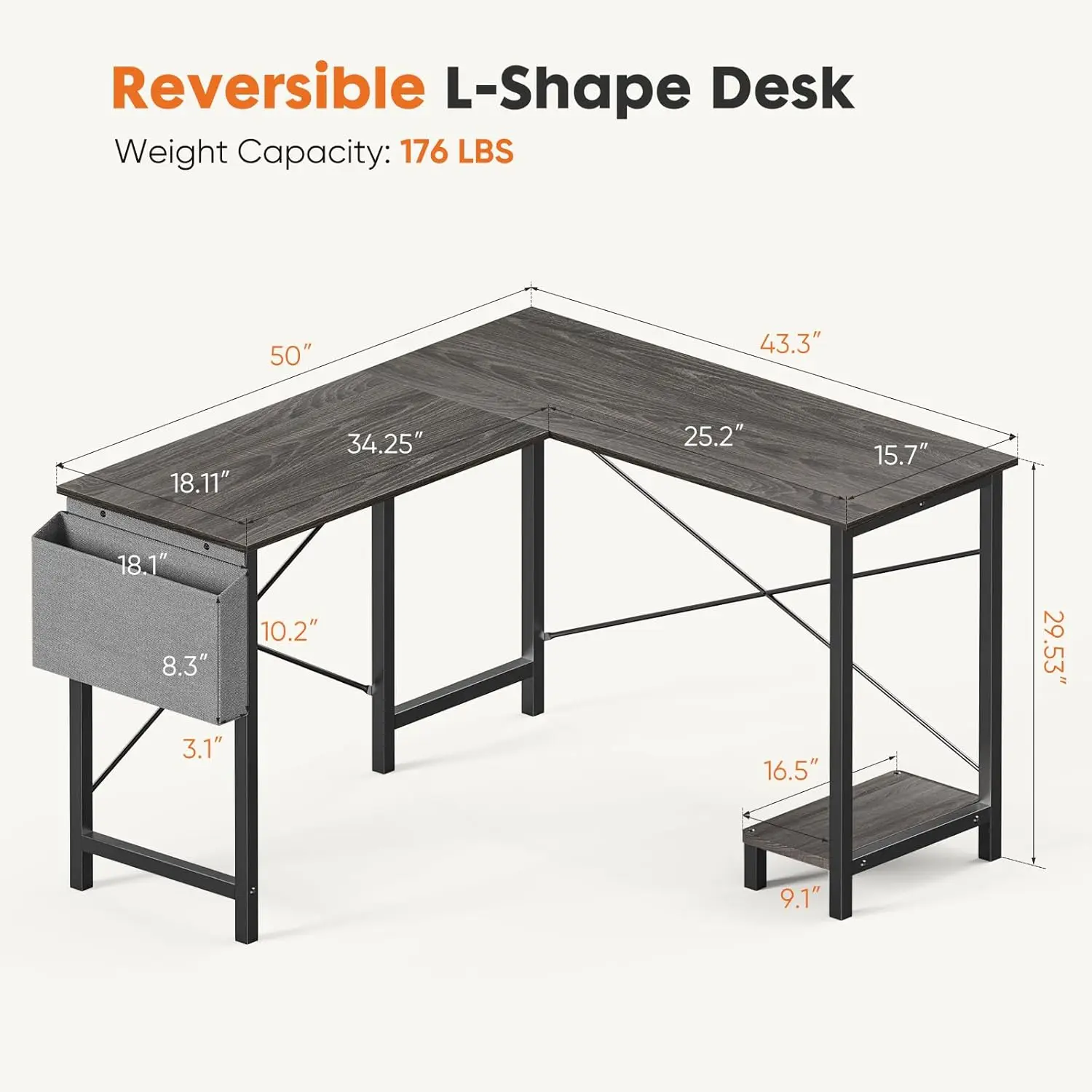 L Shaped Desk Gaming Computer 50 Inch Reversible Corner PC Work Table for Writing Study Student with Wood Tabletop Metal Frame