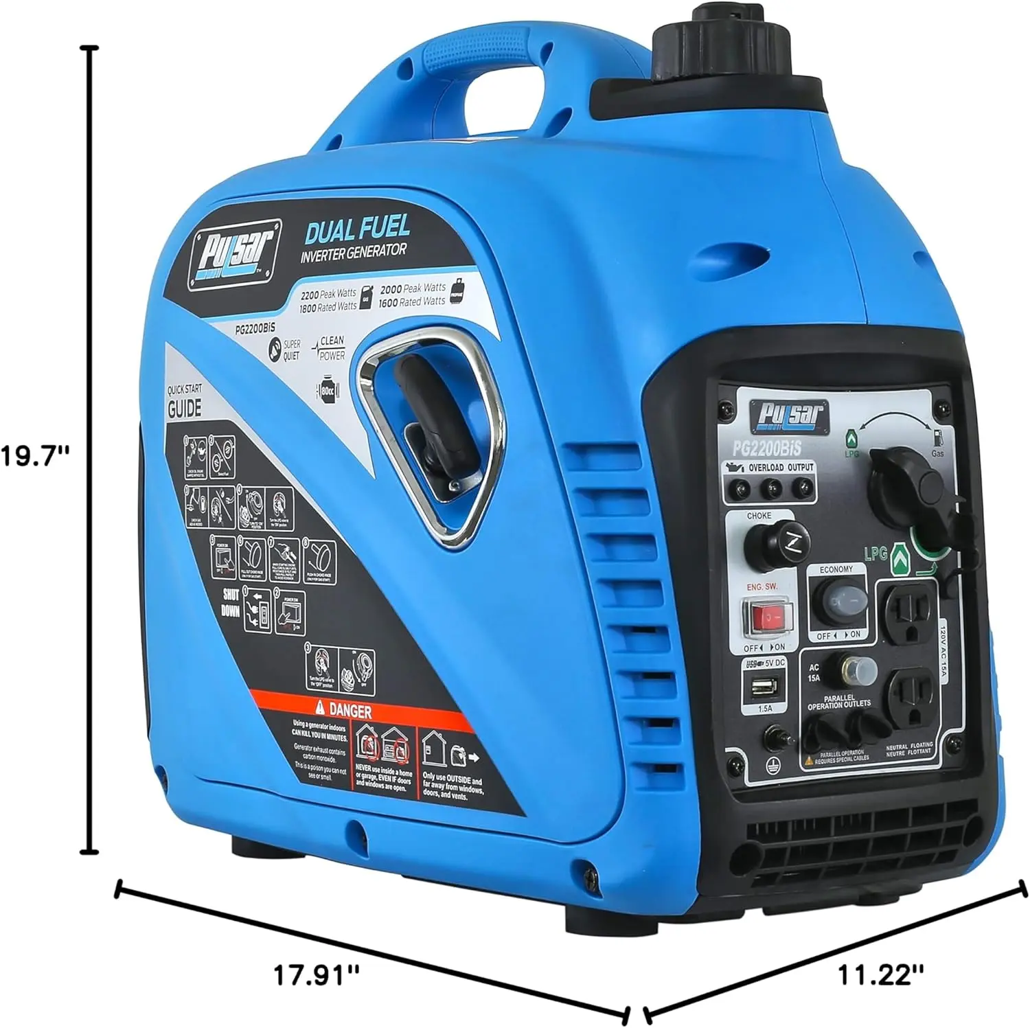 2,200W Portable Dual Fuel Quiet Inverter Generator with USB Outlet & Parallel Capability, CARB Compliant, PG2200BiS