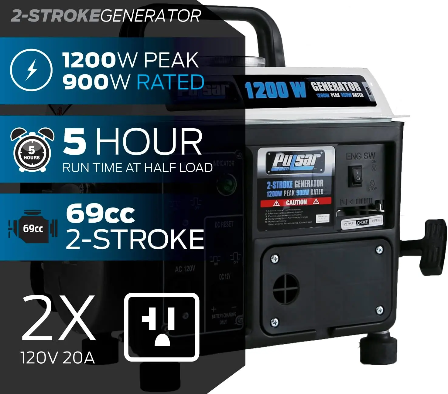 1200W Carrying Handle, PG1202SA Gas-Powered Portable Generator, Black/White
