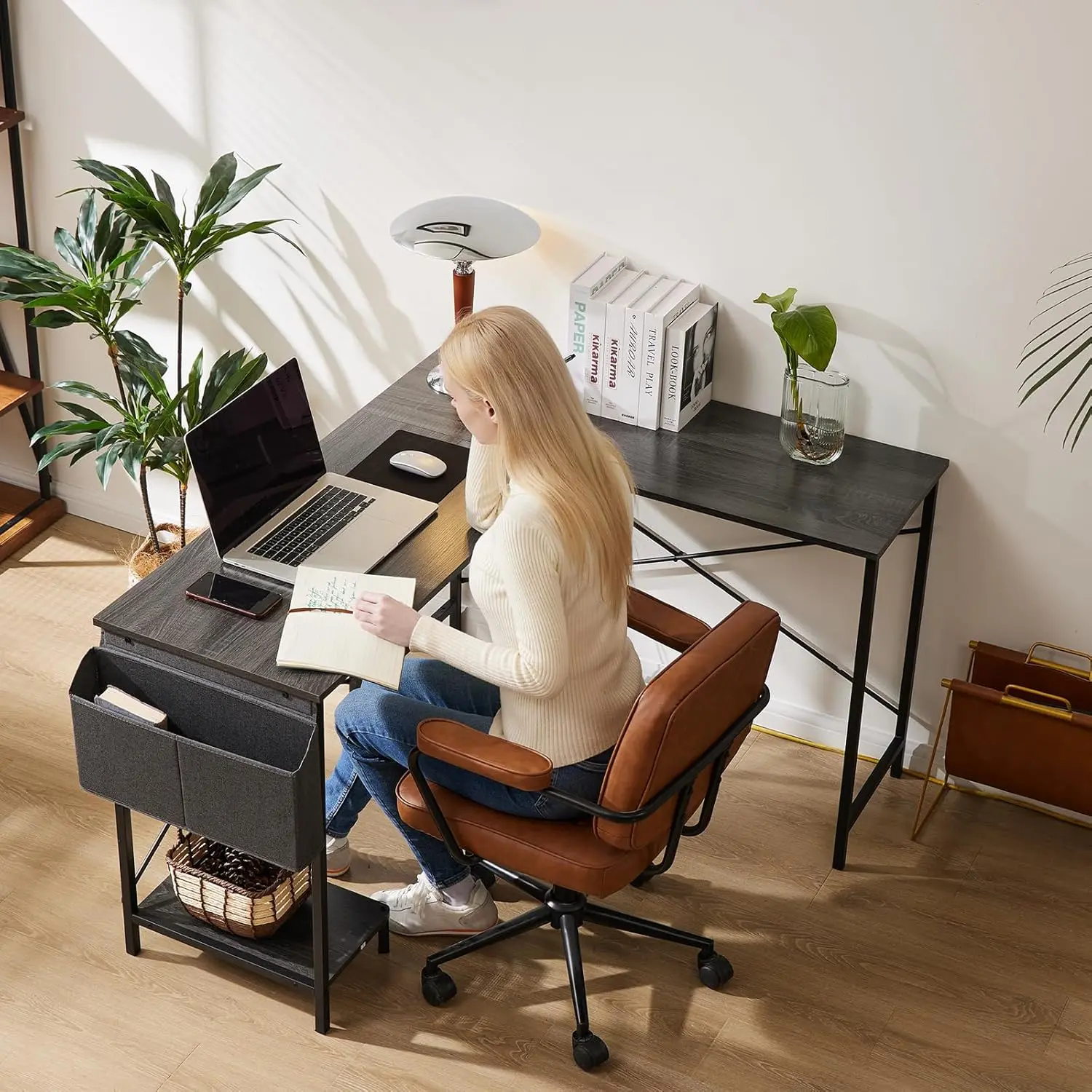 L Shaped Desk Gaming Computer 50 Inch Reversible Corner PC Work Table for Writing Study Student with Wood Tabletop Metal Frame