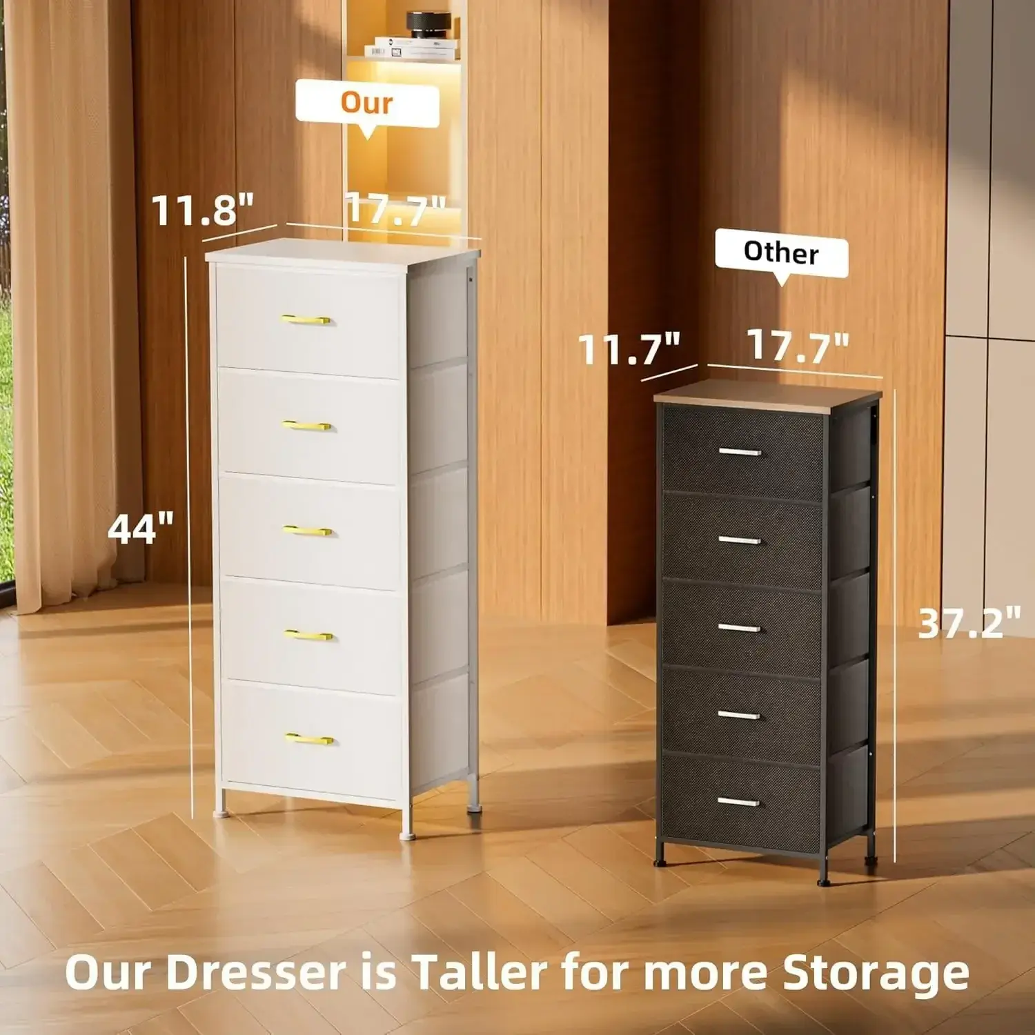 Tall Dresser with 5 Drawers,White Dresser for Bedroom, Tall Storage Tower for Closet,Nursery, Dorm, Dresser Organizer with Frame