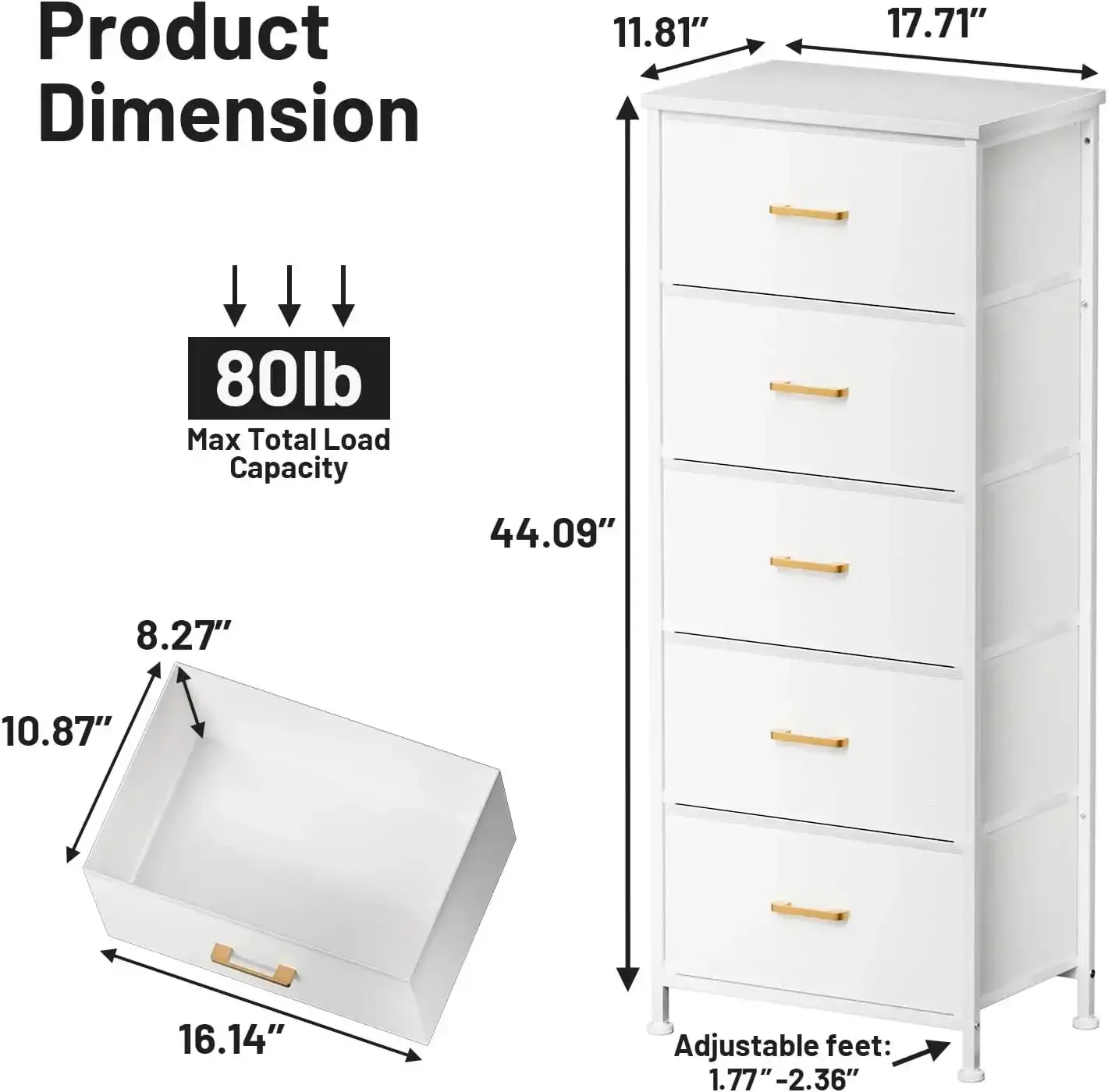 Tall Dresser with 5 Drawers,White Dresser for Bedroom, Tall Storage Tower for Closet,Nursery, Dorm, Dresser Organizer with Frame