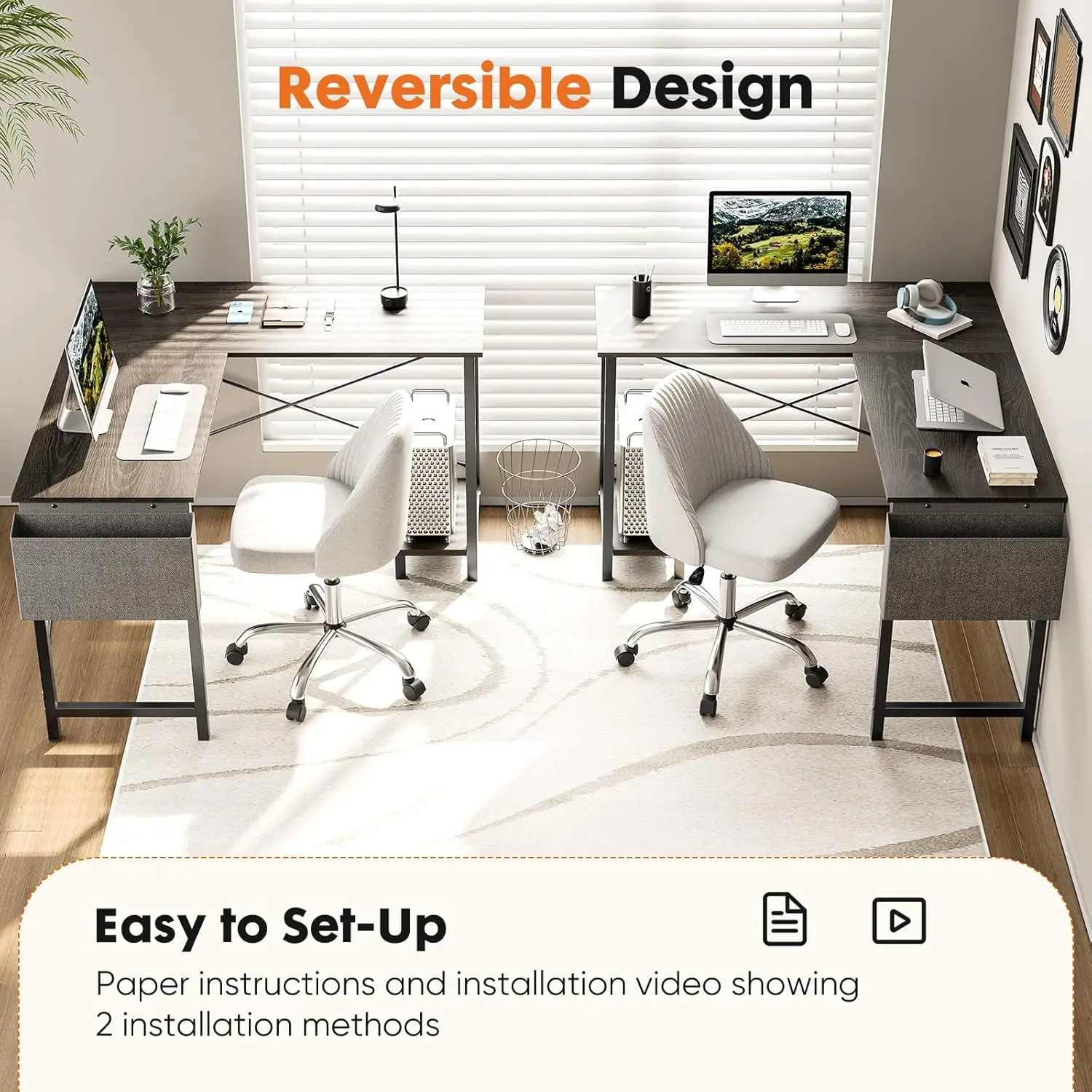 L Shaped Desk Gaming Computer 50 Inch Reversible Corner PC Work Table for Writing Study Student with Wood Tabletop Metal Frame