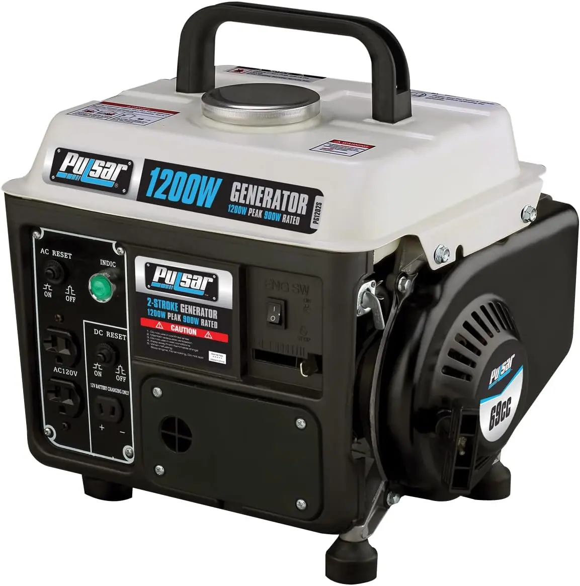 1200W Carrying Handle, PG1202SA Gas-Powered Portable Generator, Black/White