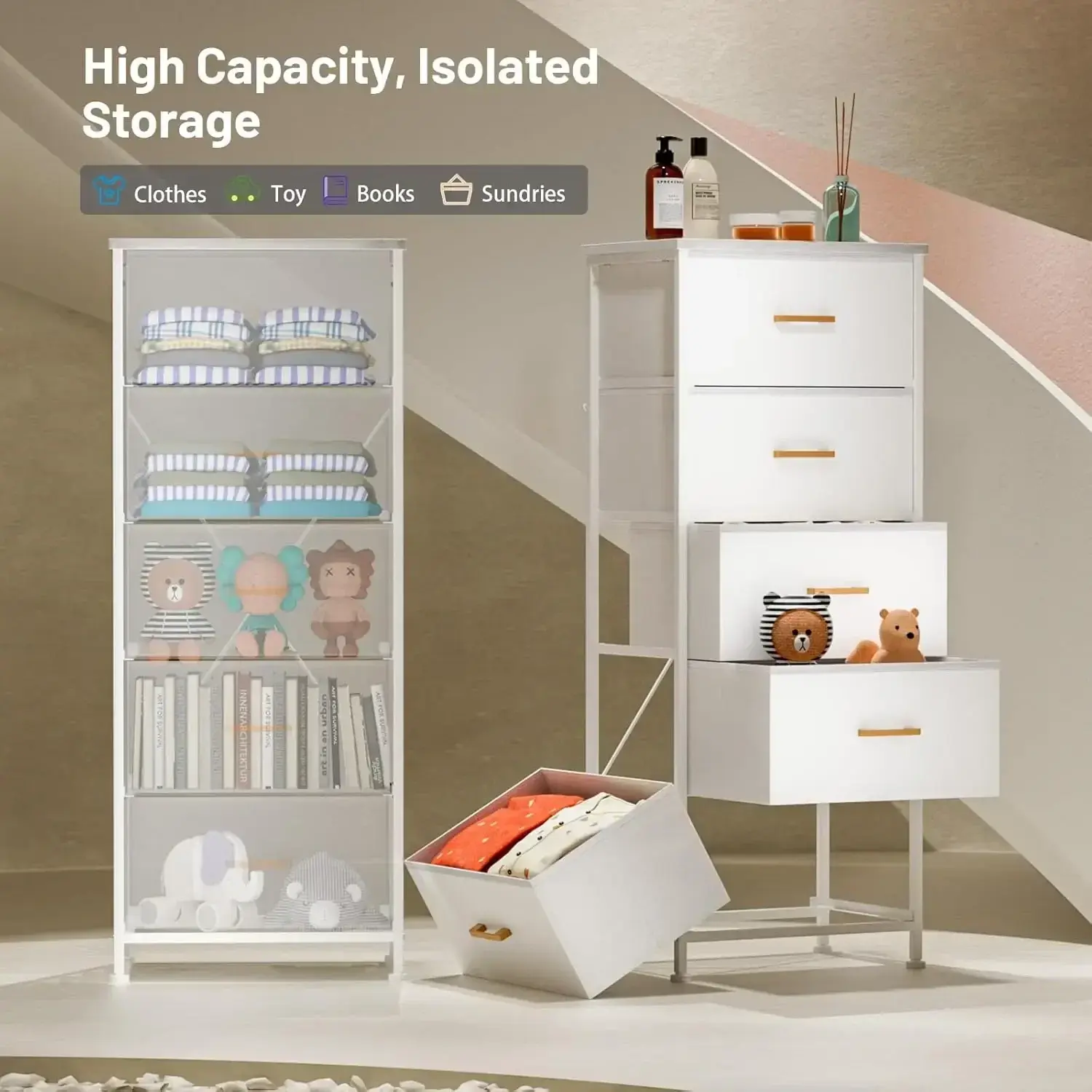 Tall Dresser with 5 Drawers,White Dresser for Bedroom, Tall Storage Tower for Closet,Nursery, Dorm, Dresser Organizer with Frame