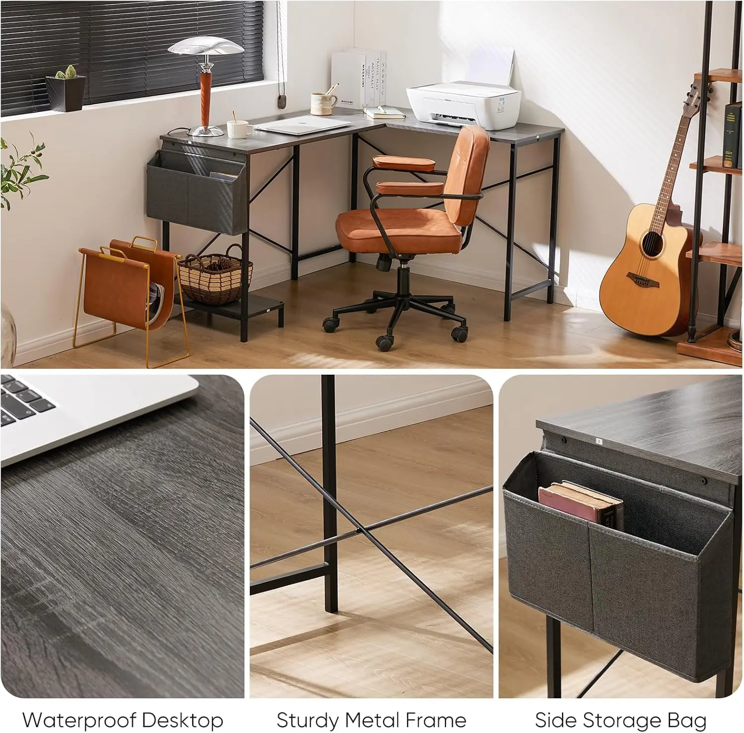 L Shaped Desk Gaming Computer 50 Inch Reversible Corner PC Work Table for Writing Study Student with Wood Tabletop Metal Frame