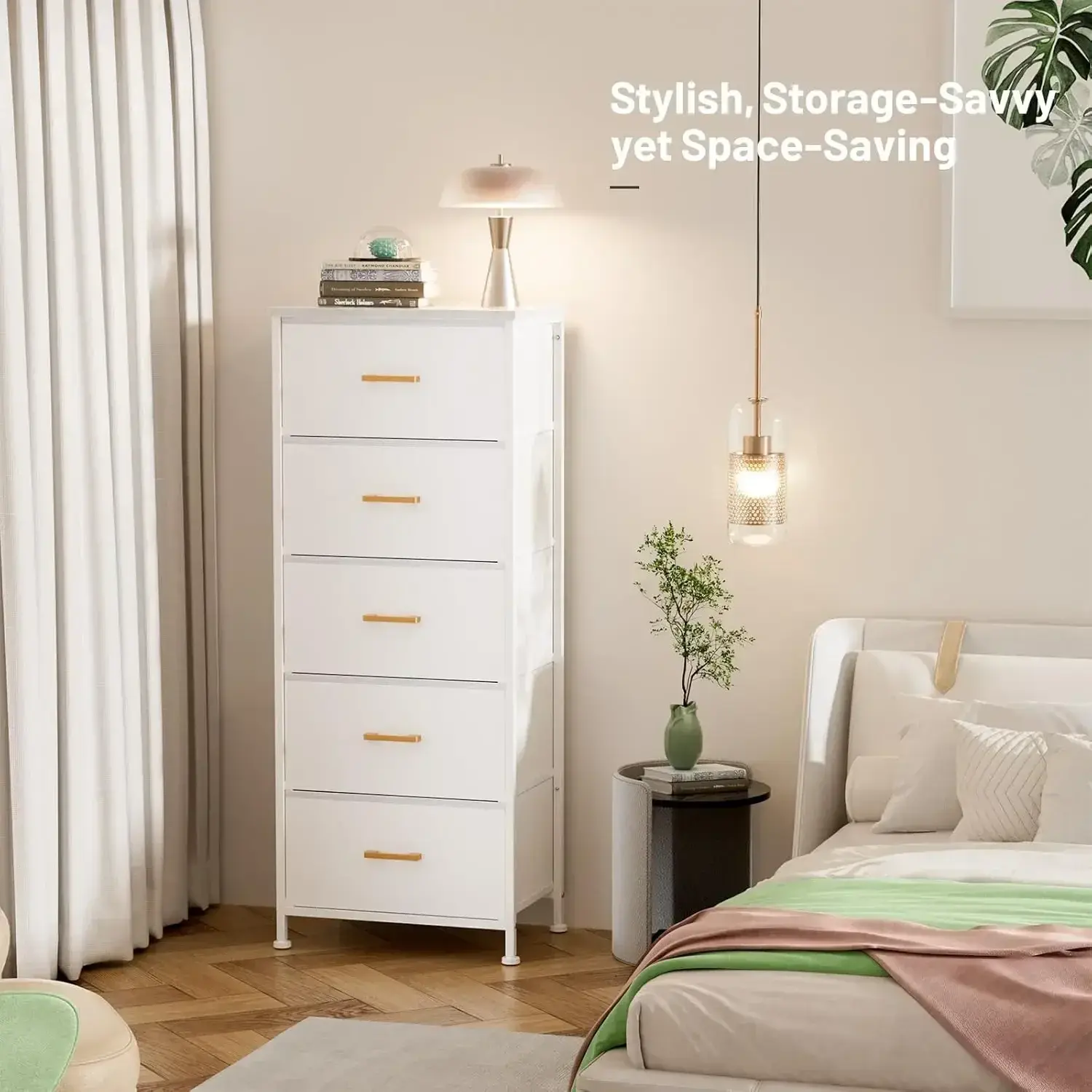 Tall Dresser with 5 Drawers,White Dresser for Bedroom, Tall Storage Tower for Closet,Nursery, Dorm, Dresser Organizer with Frame