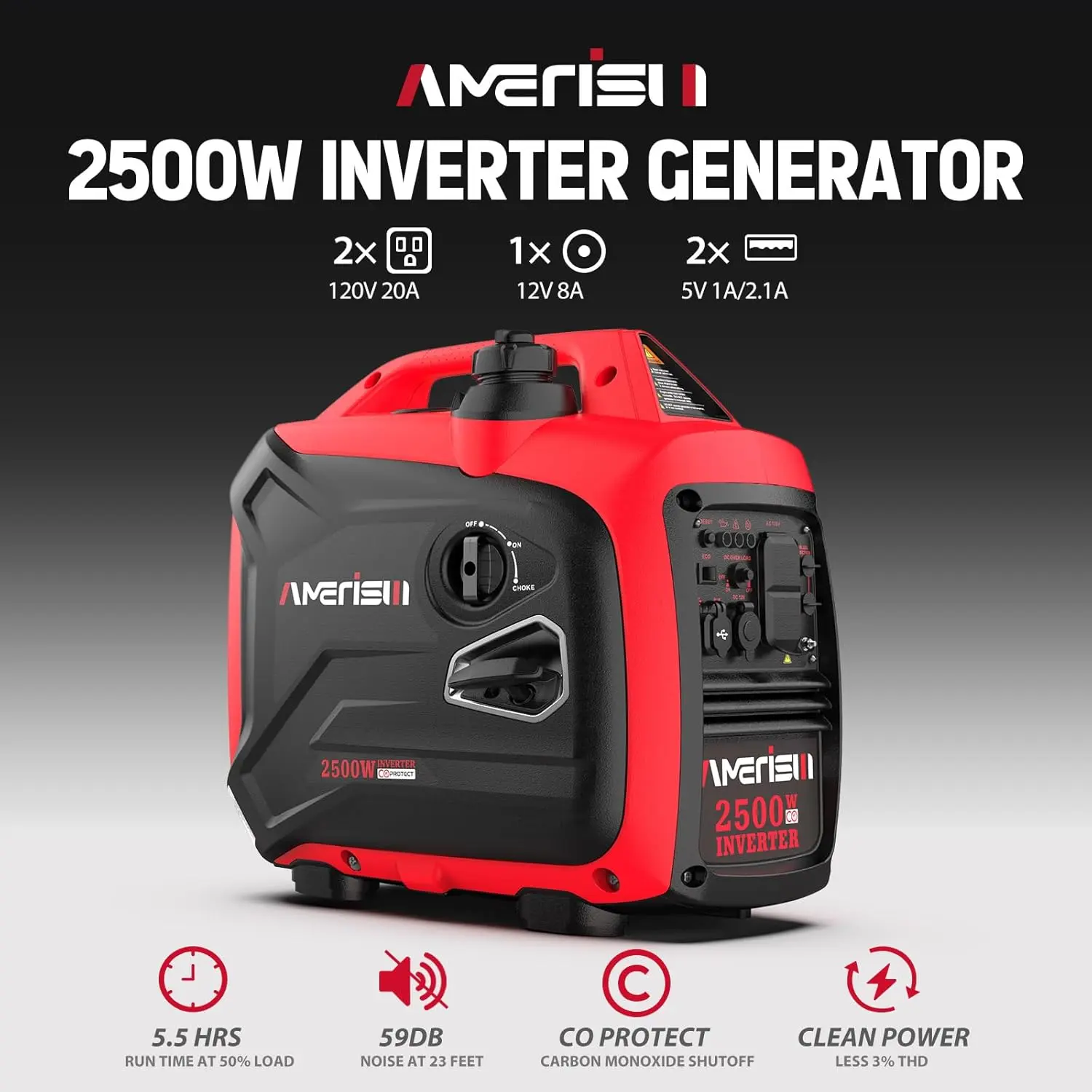 2500W Portable Inverter Generator With CO Sensor and Quiet Technology, Small Generator for Camping, EPA Compliant