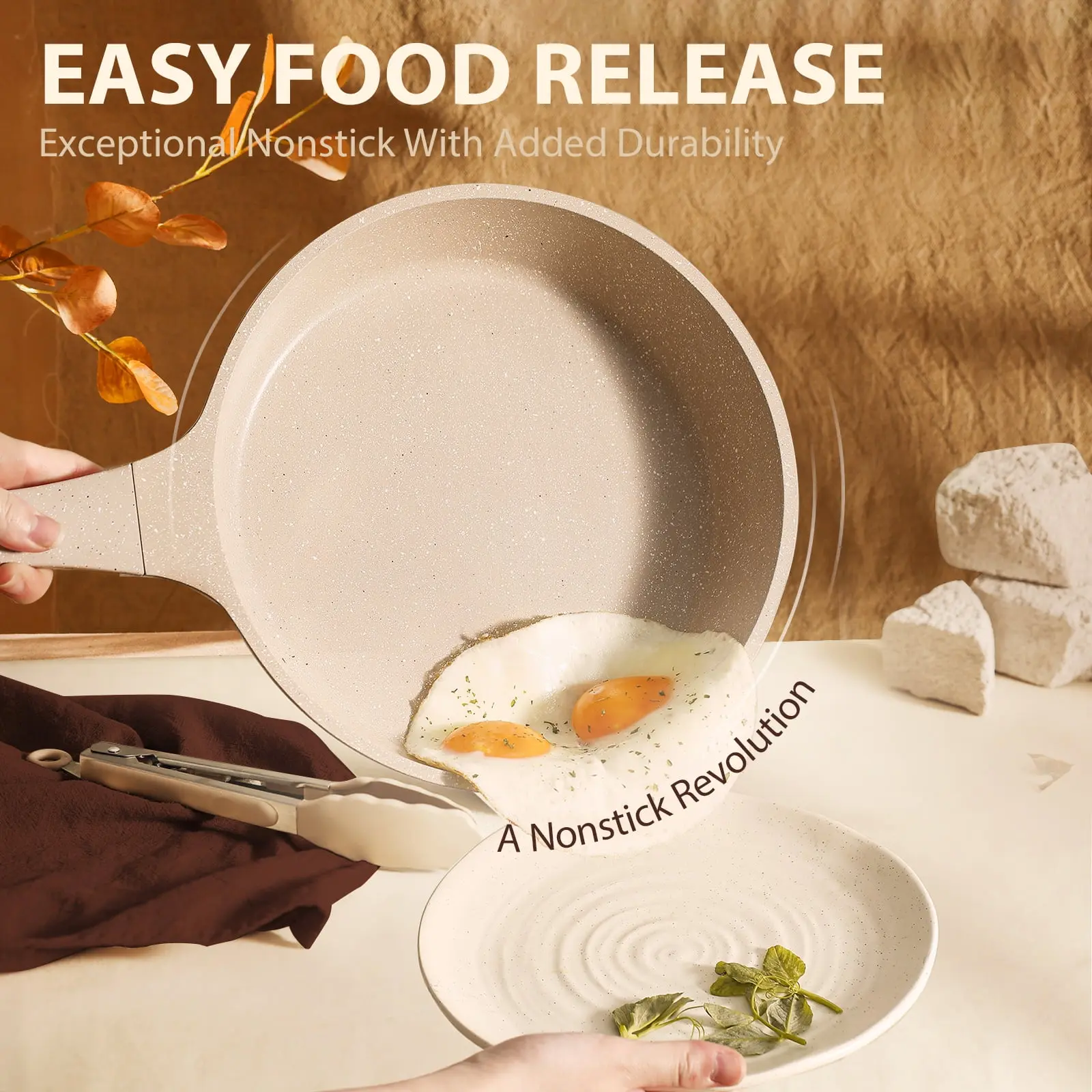 Non Stick Cookware Set, Nonstick Pots and Pans, 7Pcs Induction Kitchens Cookware Sets, Tan
