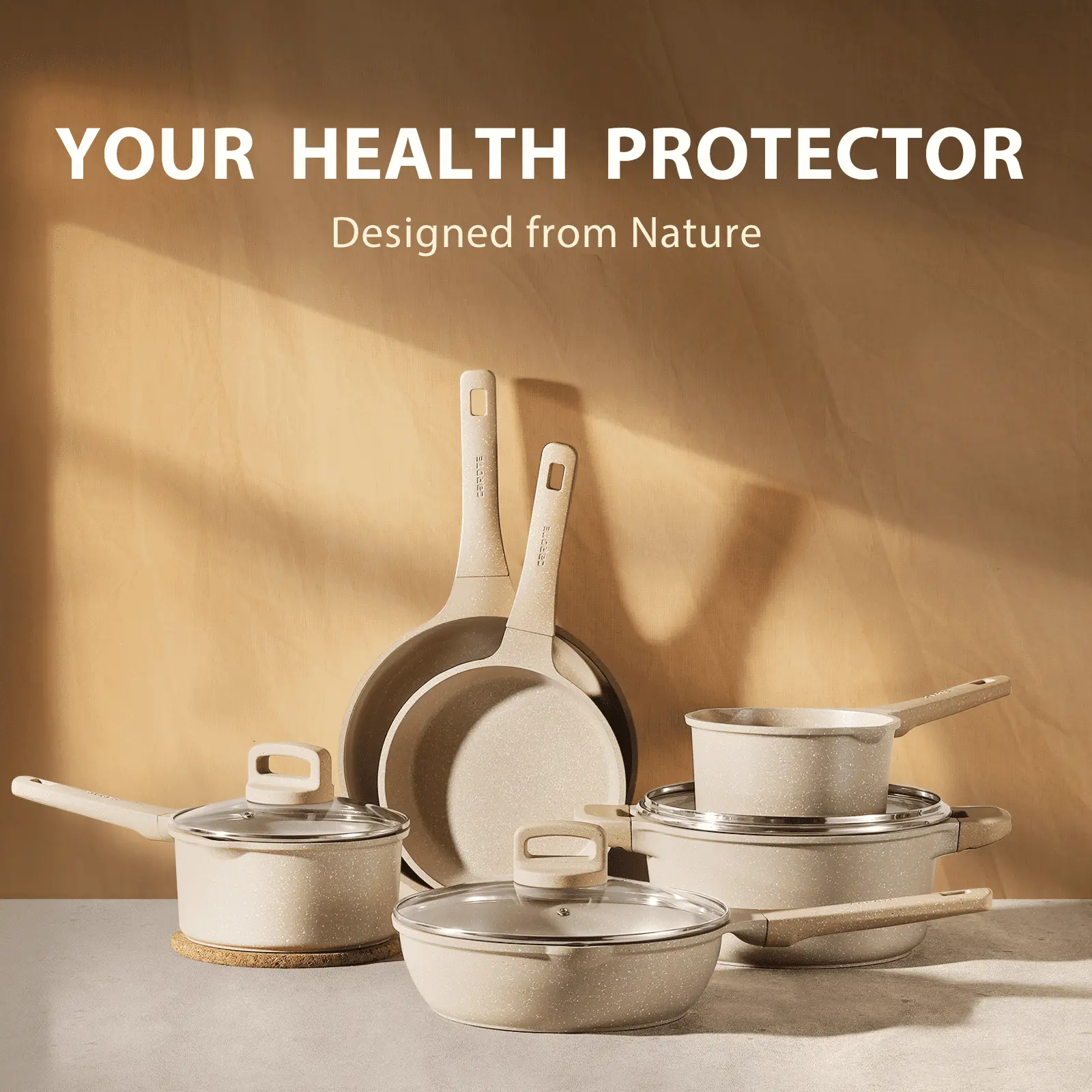 Non Stick Cookware Set, Nonstick Pots and Pans, 7Pcs Induction Kitchens Cookware Sets, Tan