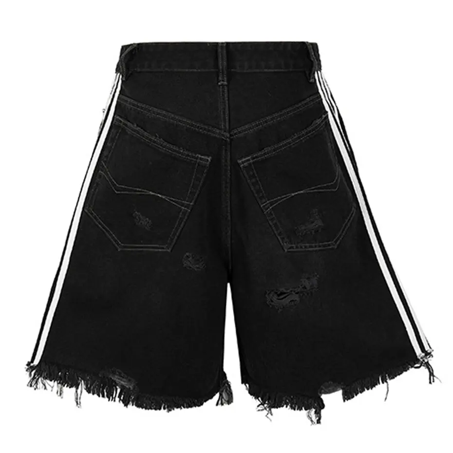 Side Striped Ripped Denim Shorts Summer Loose Wide Leg Black Jeans Shorts Men Streetwear Harajuku Hip Hop Shorts
