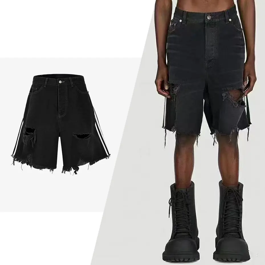 Side Striped Ripped Denim Shorts Summer Loose Wide Leg Black Jeans Shorts Men Streetwear Harajuku Hip Hop Shorts