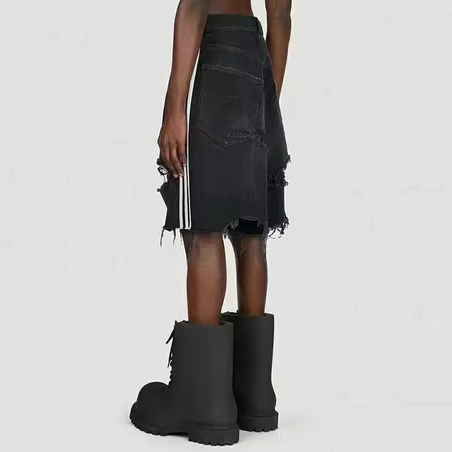 Side Striped Ripped Denim Shorts Summer Loose Wide Leg Black Jeans Shorts Men Streetwear Harajuku Hip Hop Shorts